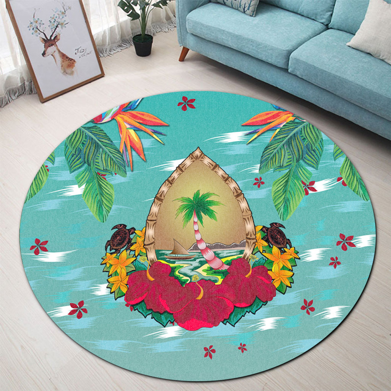 Guam Round Rug Latte Stones Hibiscus