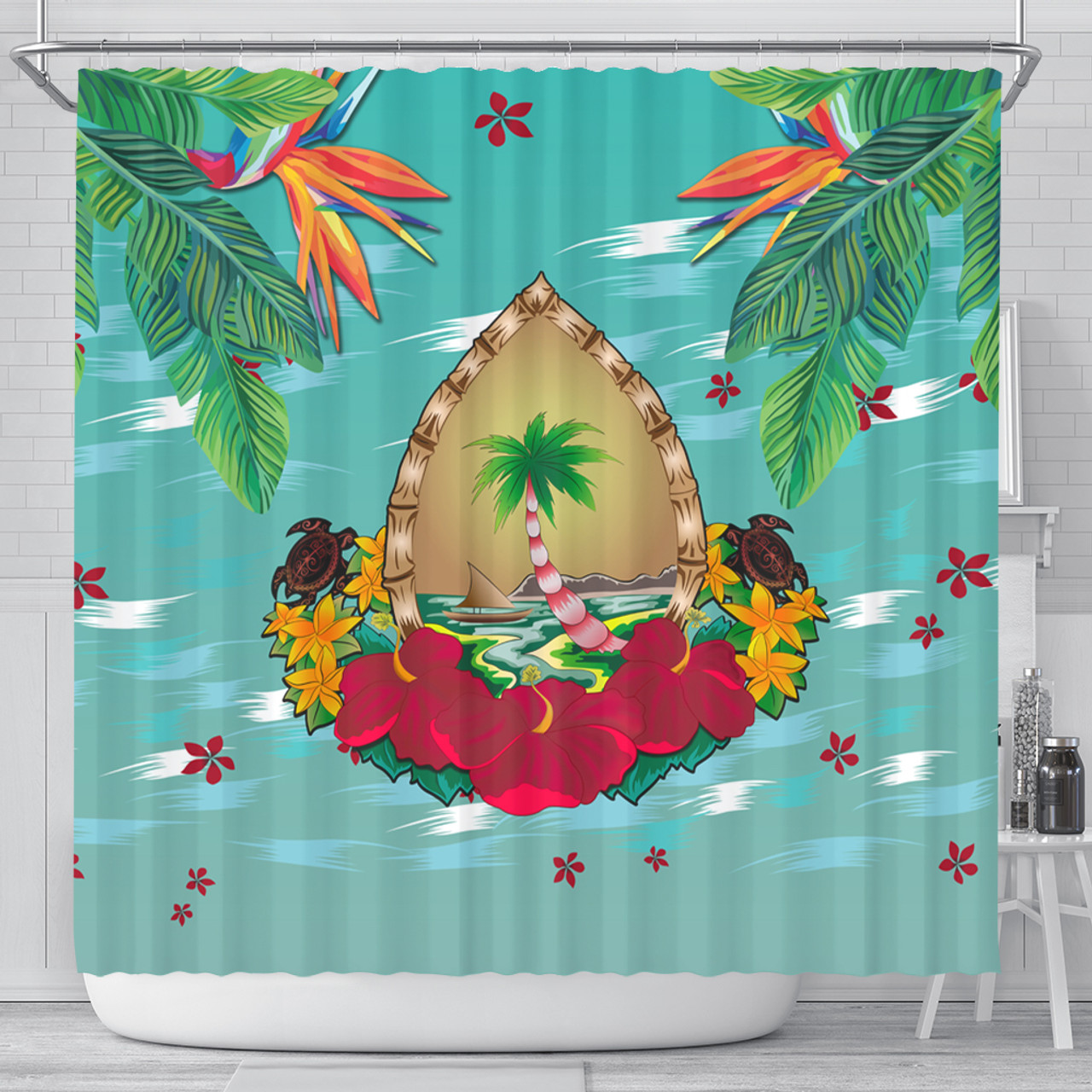 Guam Shower Curtain Latte Stones Hibiscus
