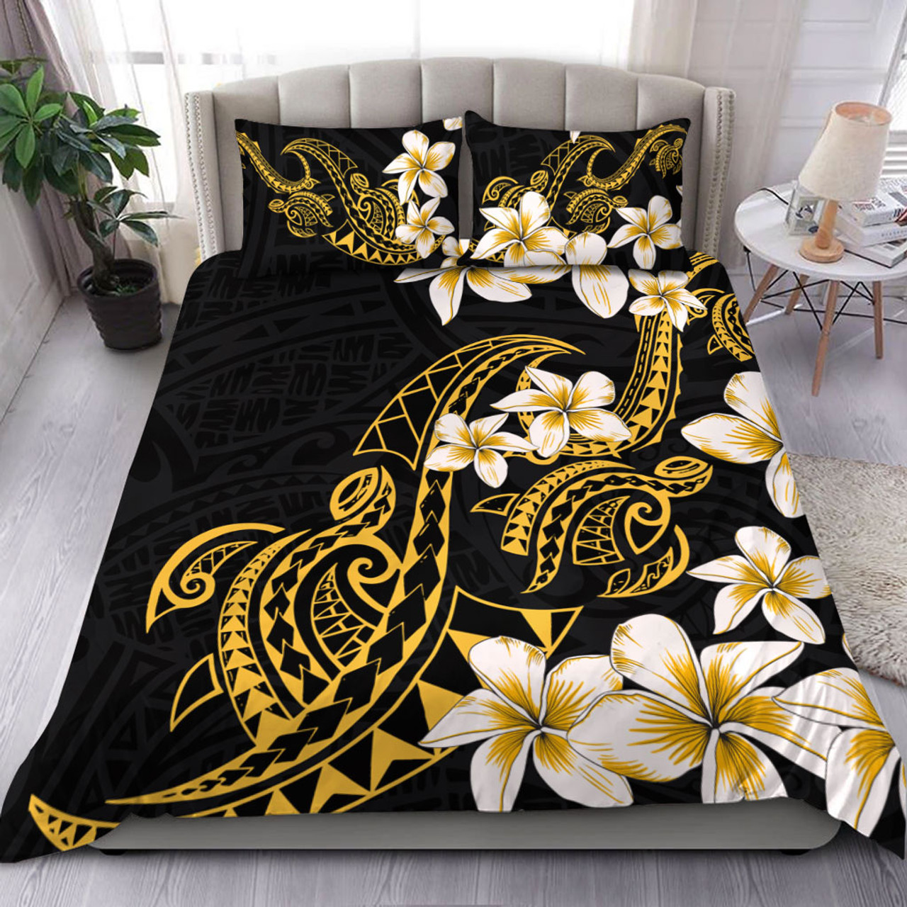 Hawaii Bedding Set Polynesian Tribal Tattoo Plumeria Flower