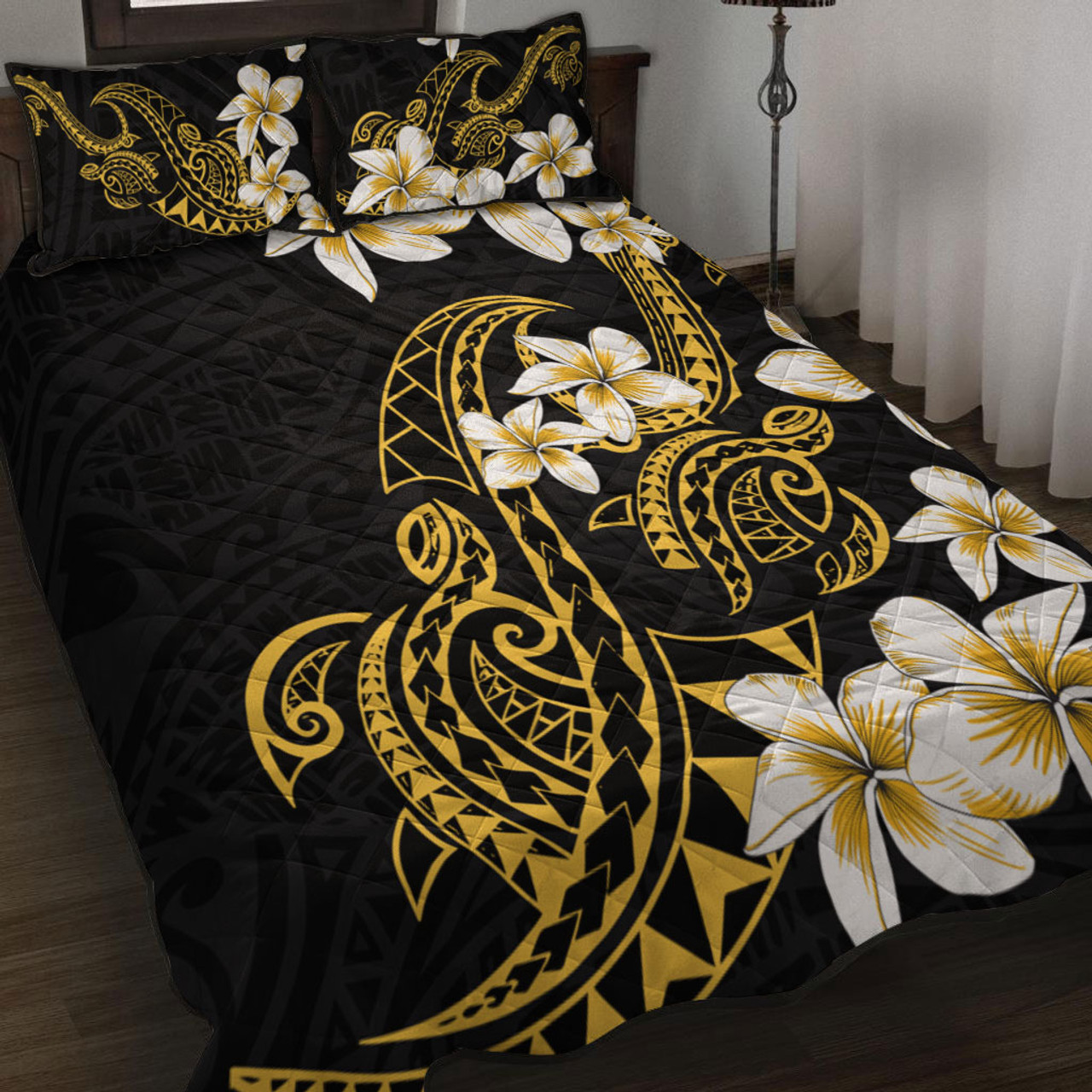 Hawaii Quilt Bed Set Polynesian Tribal Tattoo Plumeria Flower
