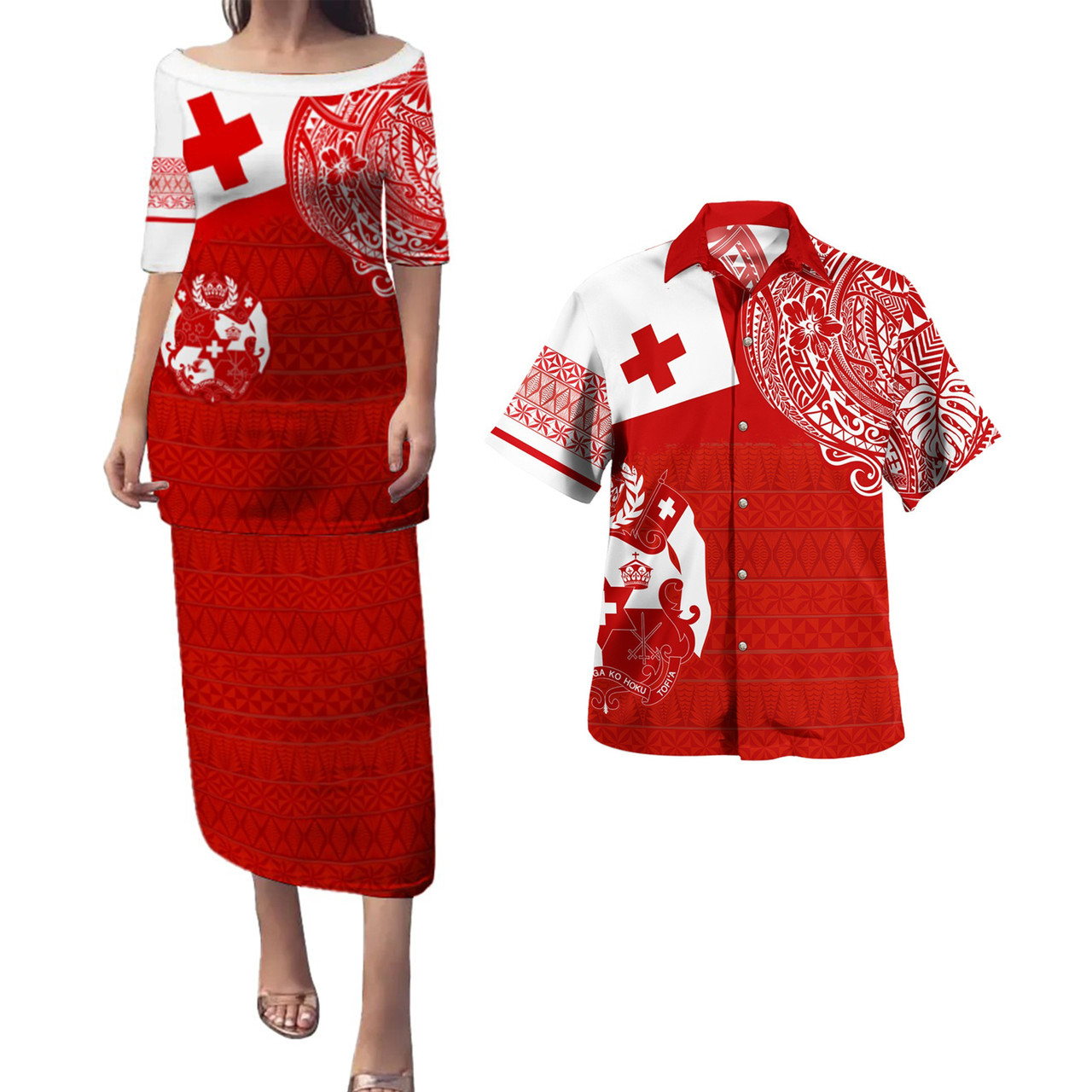 Tonga Combo Puletasi And Shirt Polynesian Flag With Coat Of Arms