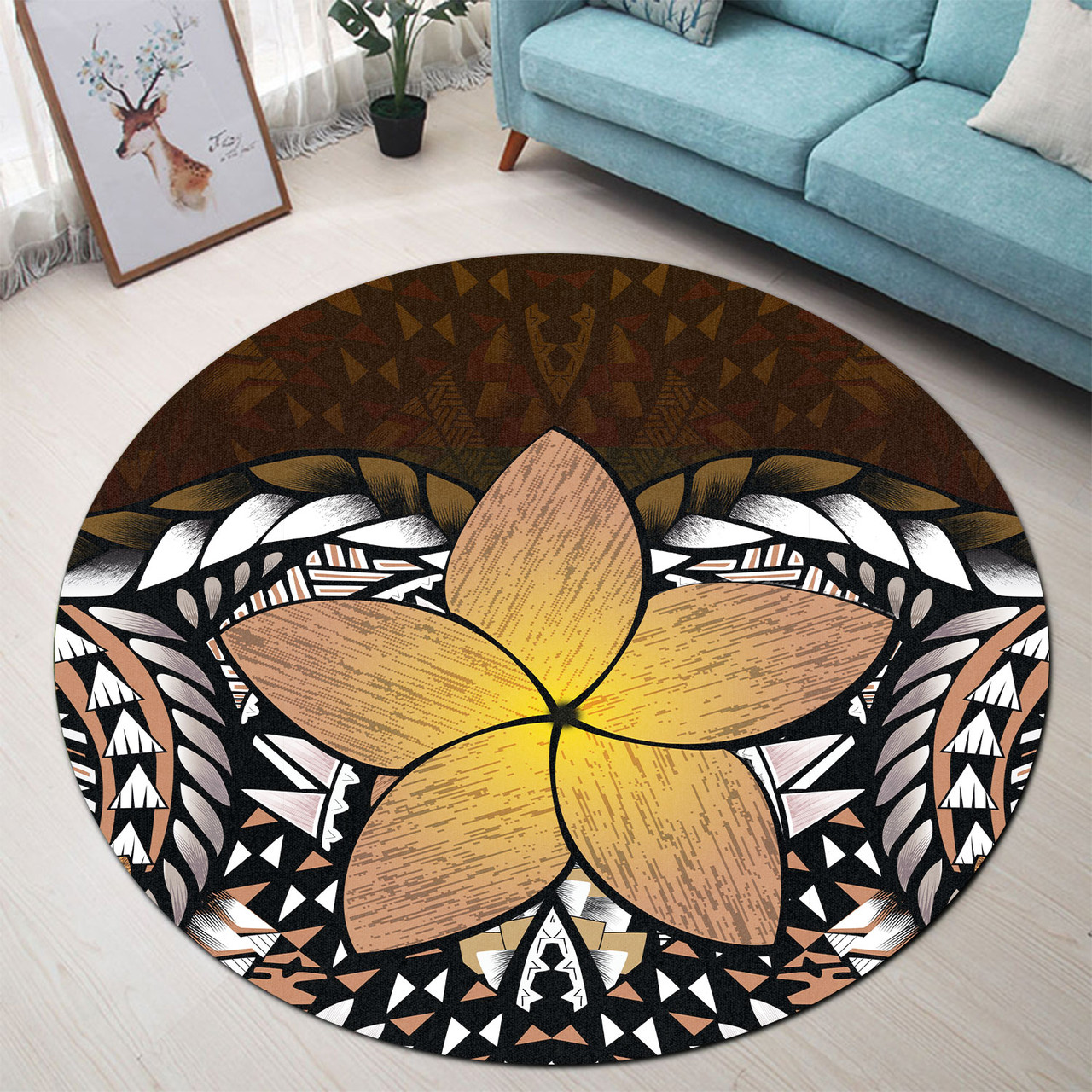 Hawaii Round Rug Hawaii Plumeria Polynesian Traditional Patterns Vintage Version