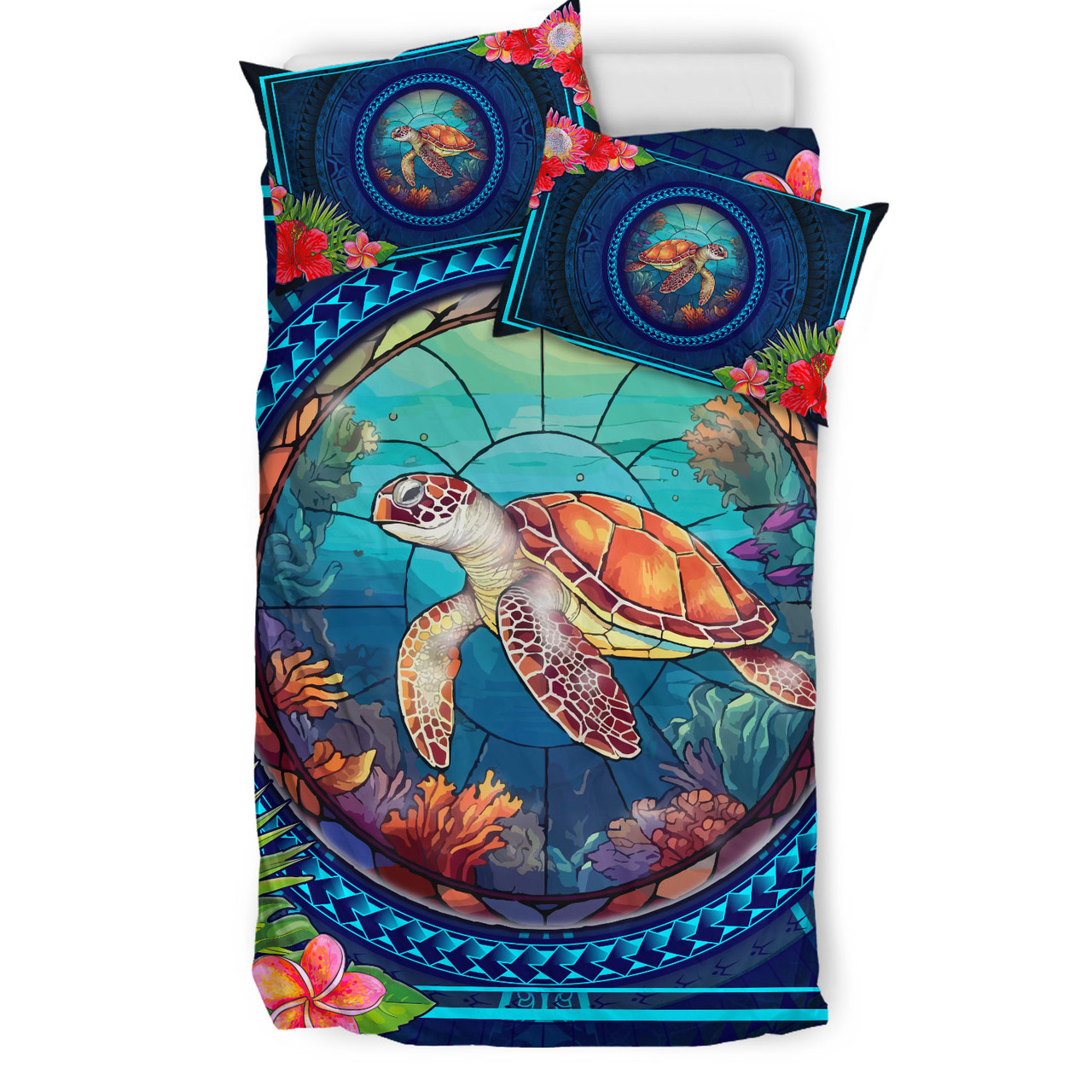 Hawaii Bedding Set Polynesian Patterns Turtle Mascot WaterColor Style Blanket