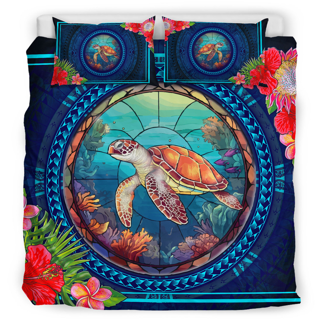 Hawaii Bedding Set Polynesian Patterns Turtle Mascot WaterColor Style Blanket