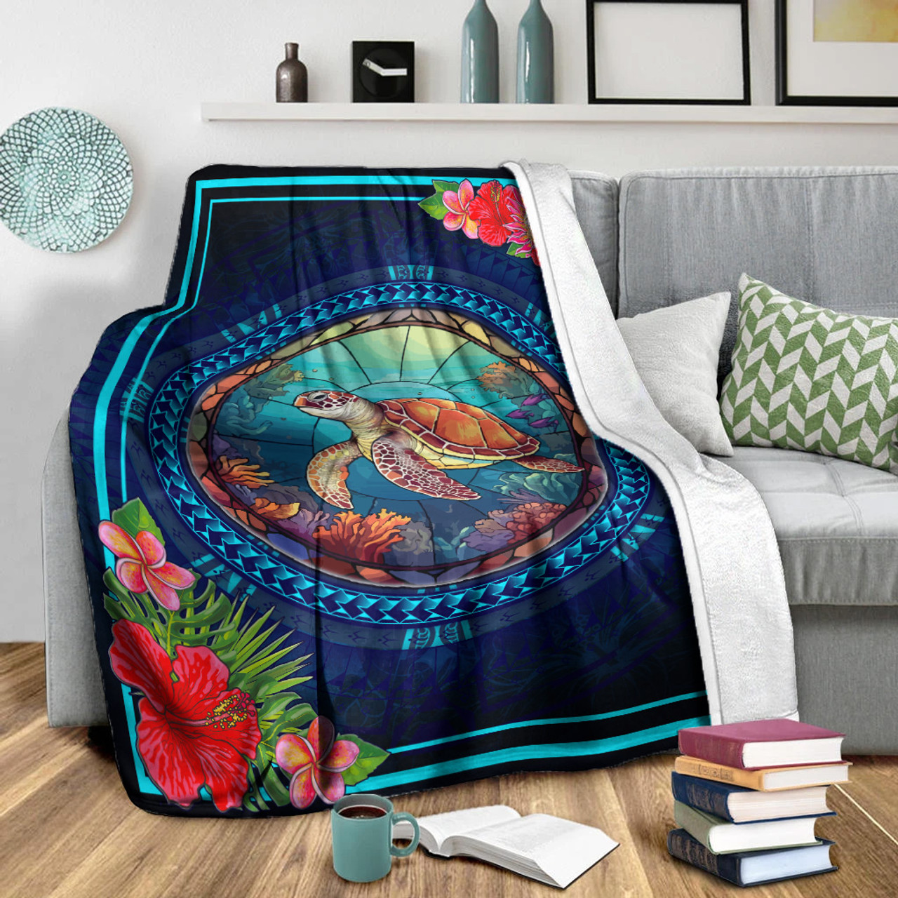 Hawaii Premium Blanket Polynesian Patterns Turtle Mascot WaterColor Style