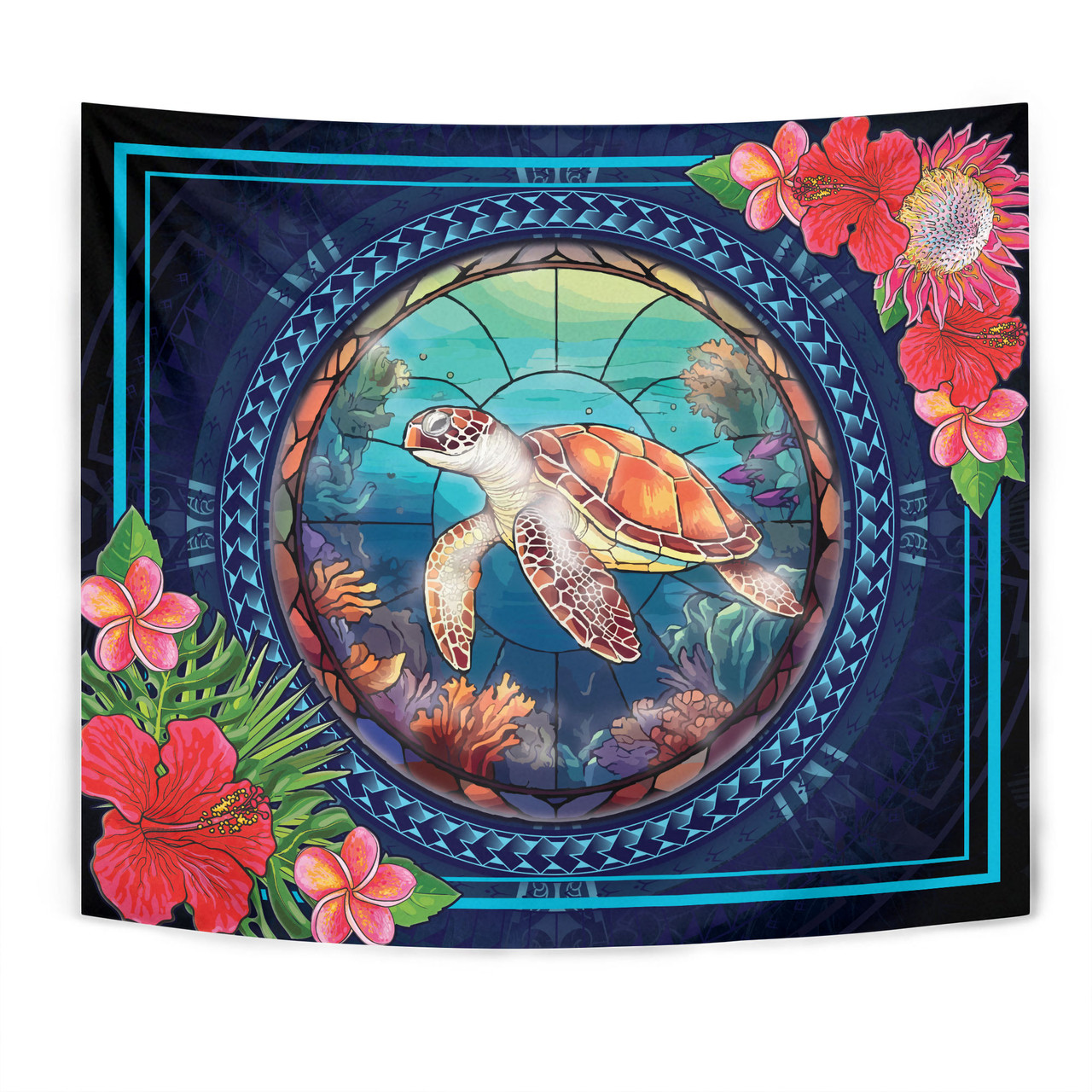 Hawaii Tapestry Polynesian Patterns Turtle Mascot WaterColor Style Blanket