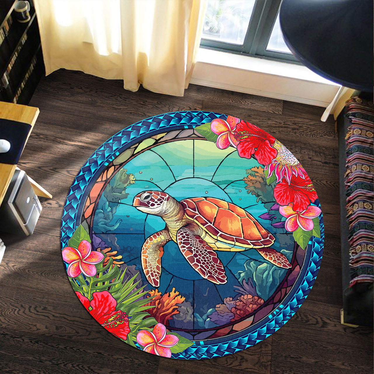 Hawaii Round Rug Polynesian Patterns Turtle Mascot WaterColor Style Blanket