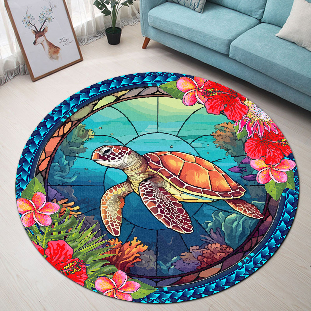 Hawaii Round Rug Polynesian Patterns Turtle Mascot WaterColor Style Blanket