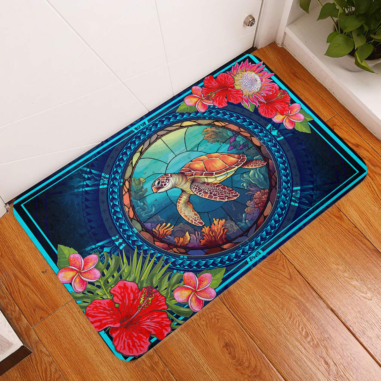 Hawaii Door Mat Polynesian Patterns Turtle Mascot WaterColor Style Blanket