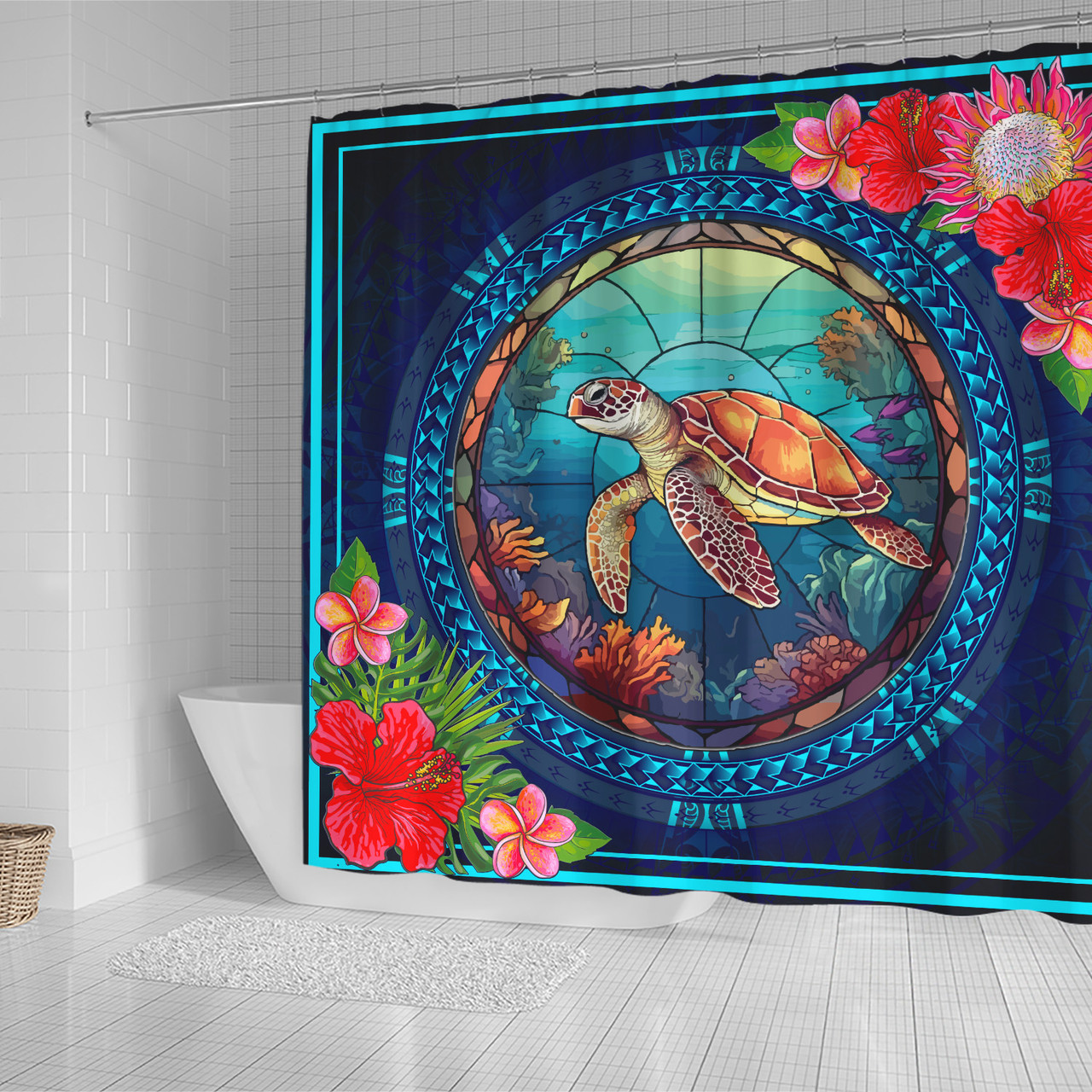 Hawaii Shower Curtain Polynesian Patterns Turtle Mascot WaterColor Style Blanket