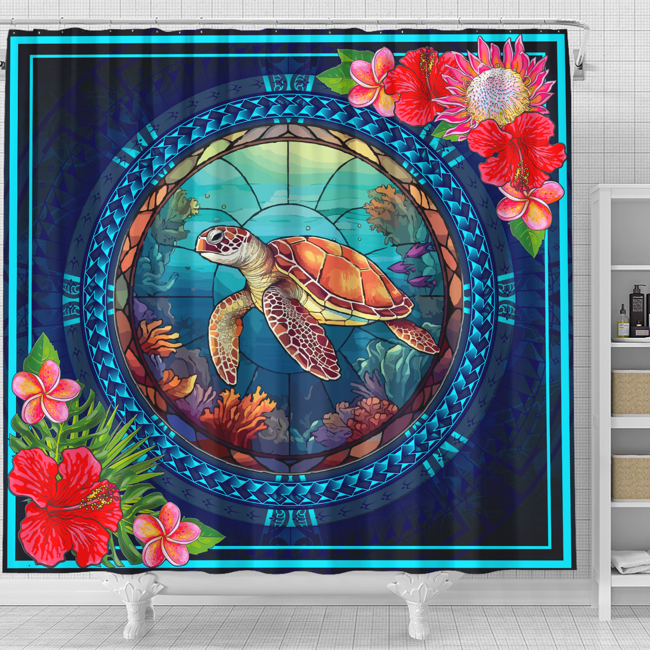 Hawaii Shower Curtain Polynesian Patterns Turtle Mascot WaterColor Style Blanket