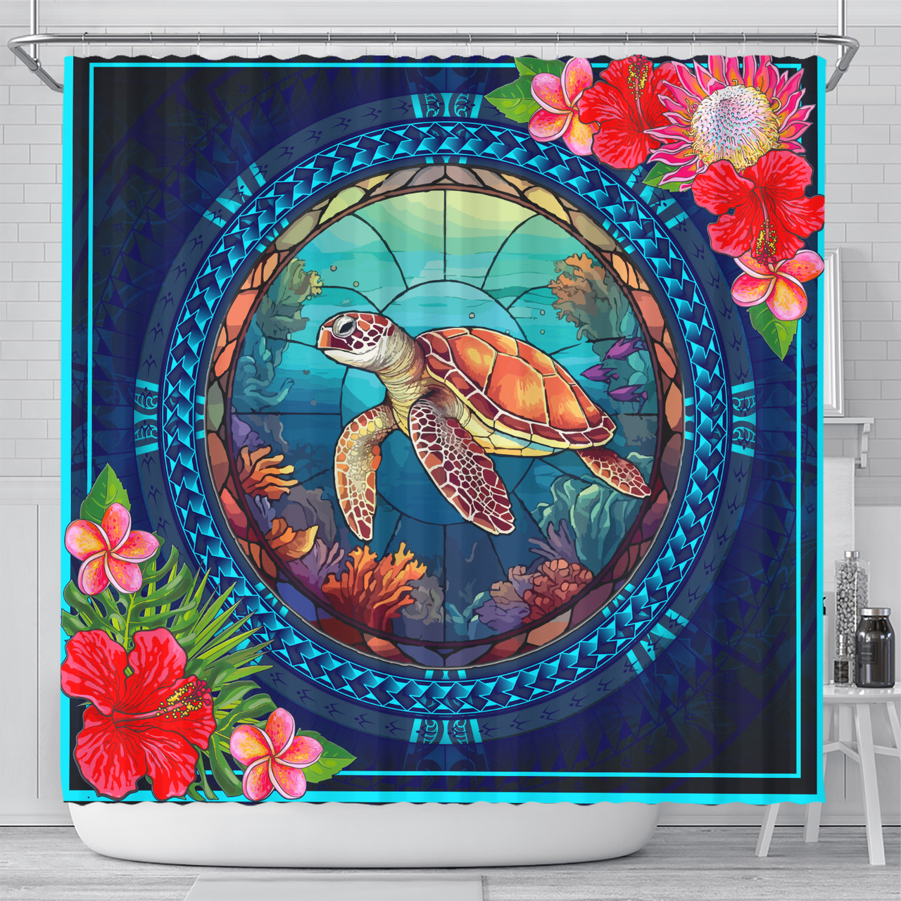 Hawaii Shower Curtain Polynesian Patterns Turtle Mascot WaterColor Style Blanket