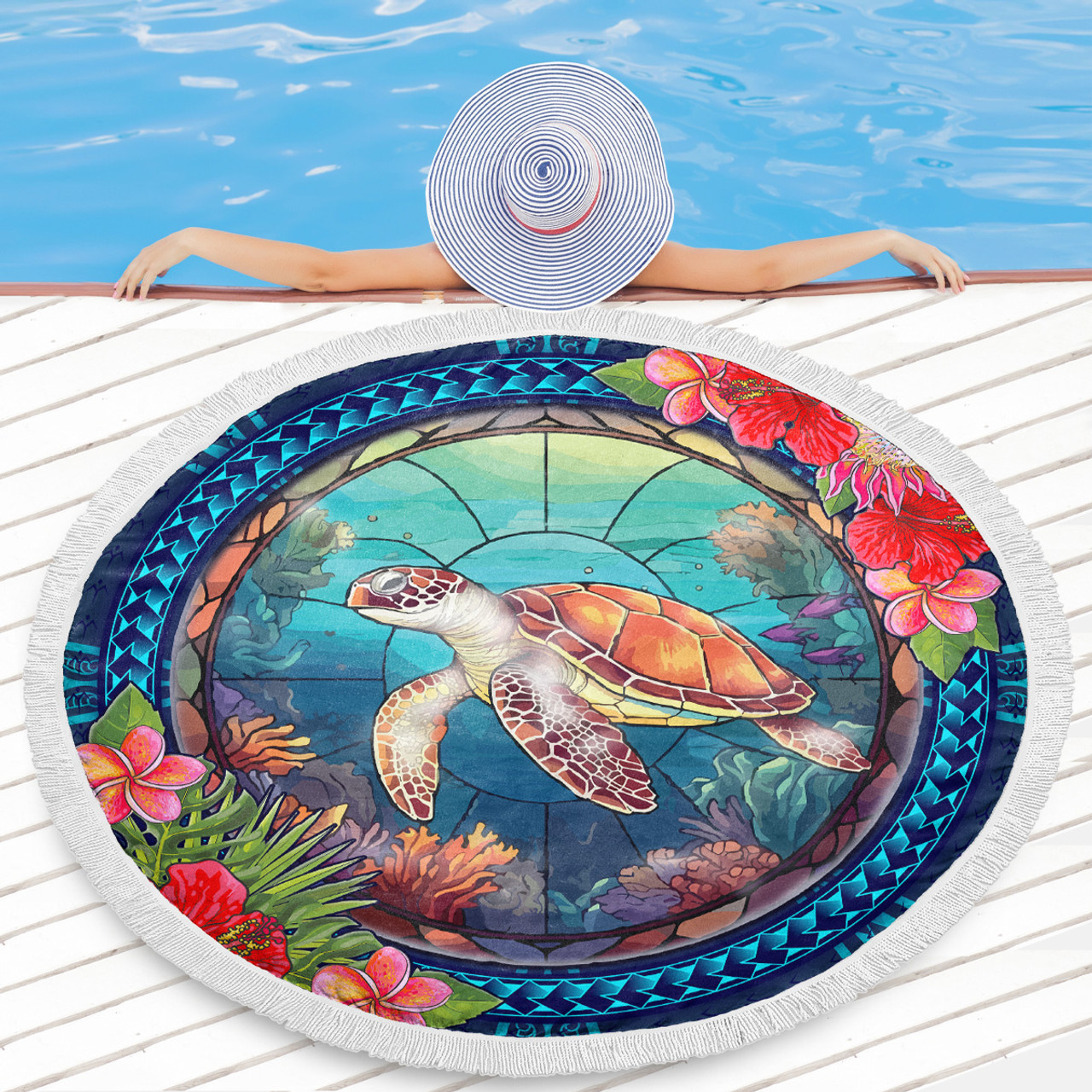 Hawaii Beach Blanket Polynesian Patterns Turtle Mascot WaterColor Style Blanket