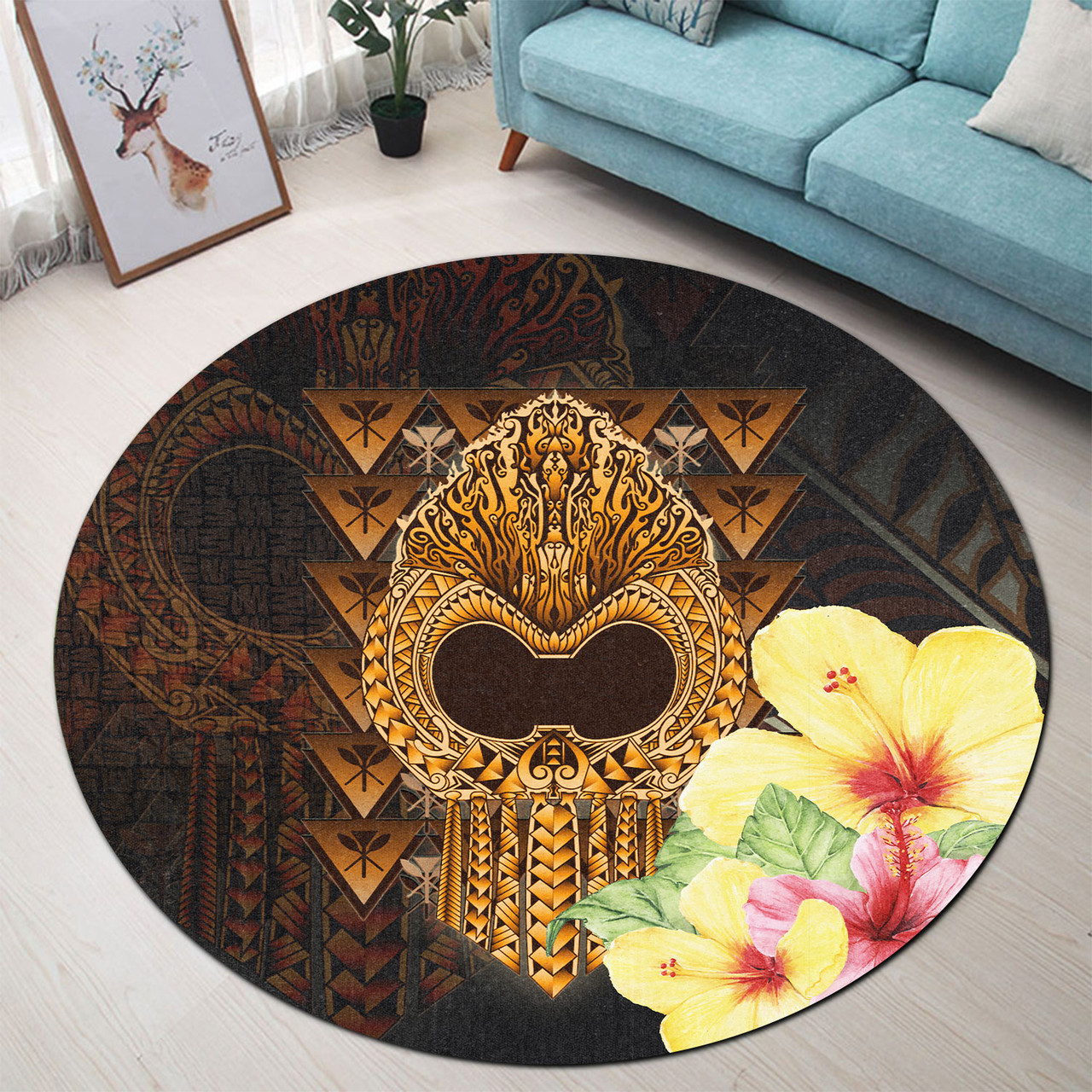 Hawaii Round Rug Ikaika Hawaiian With Hibiscus Flowers Retro Style