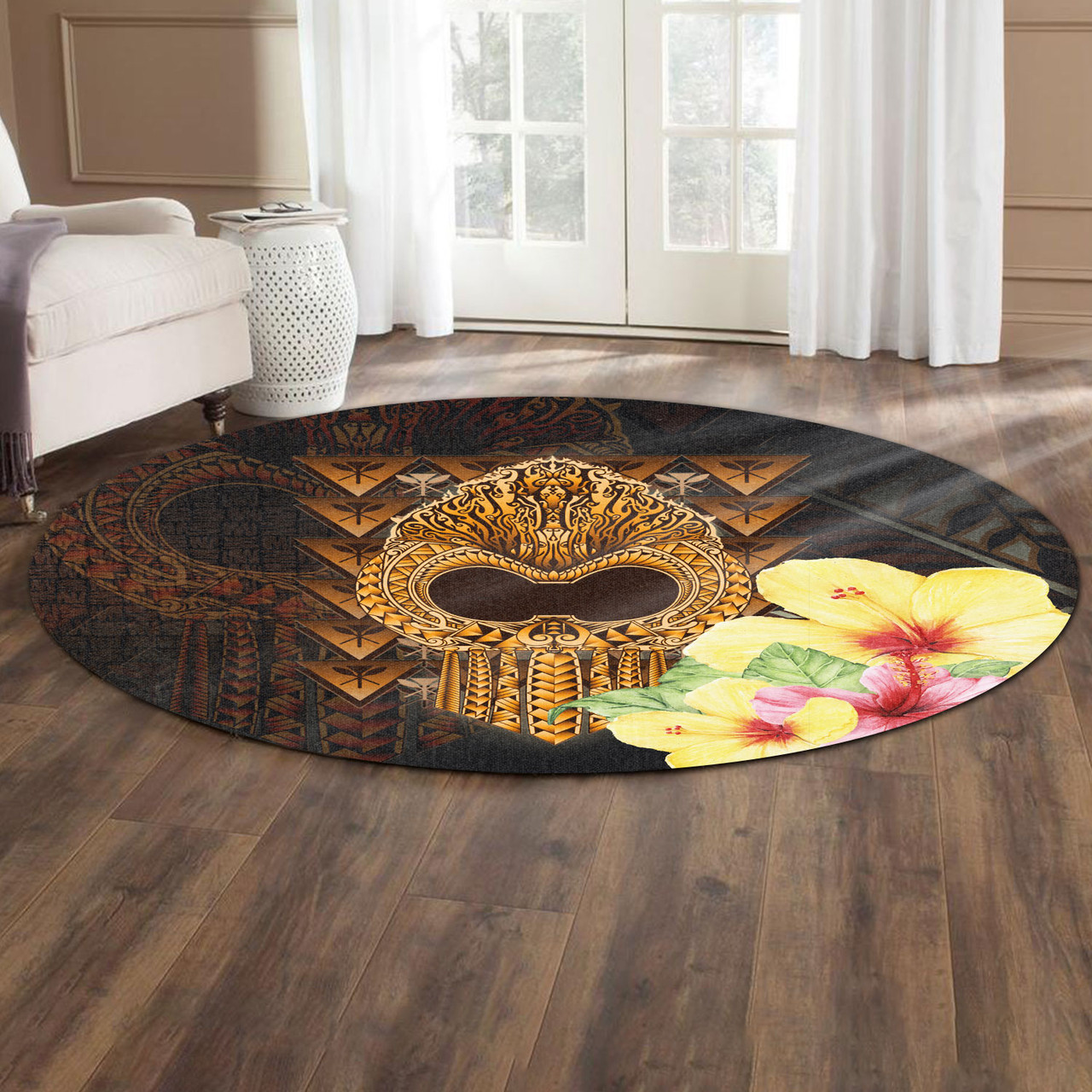 Hawaii Round Rug Ikaika Hawaiian With Hibiscus Flowers Retro Style