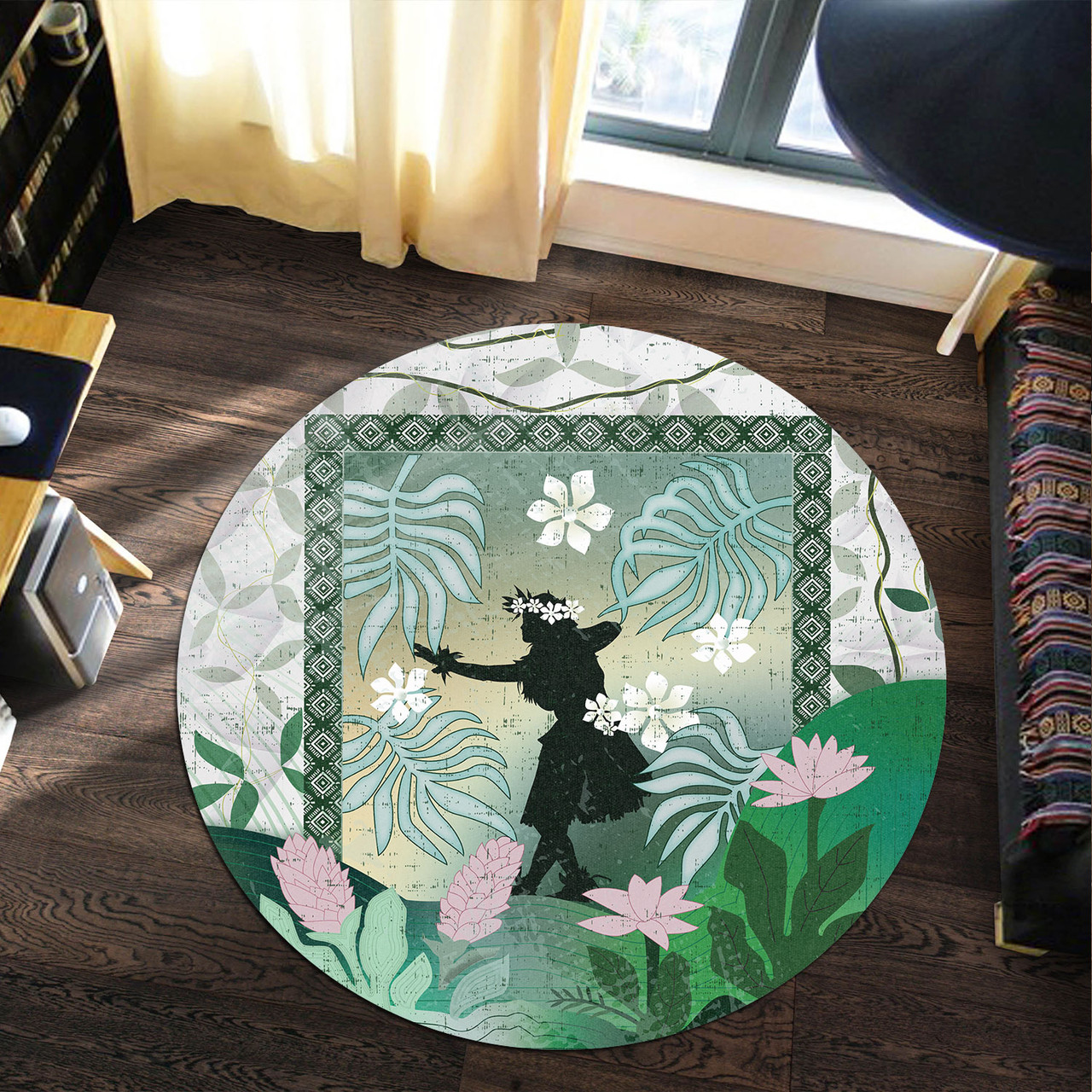 Hawaii Round Rug Hawaii Girl Hula Dancers With Tropical Flowers