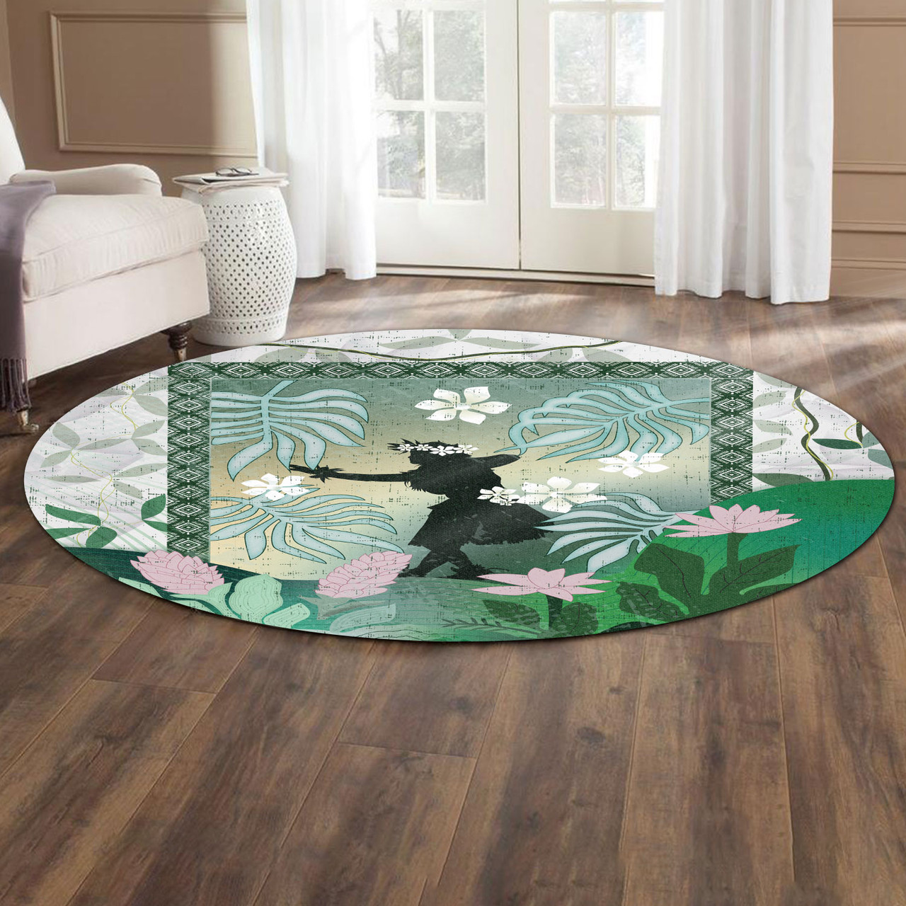 Hawaii Round Rug Hawaii Girl Hula Dancers With Tropical Flowers