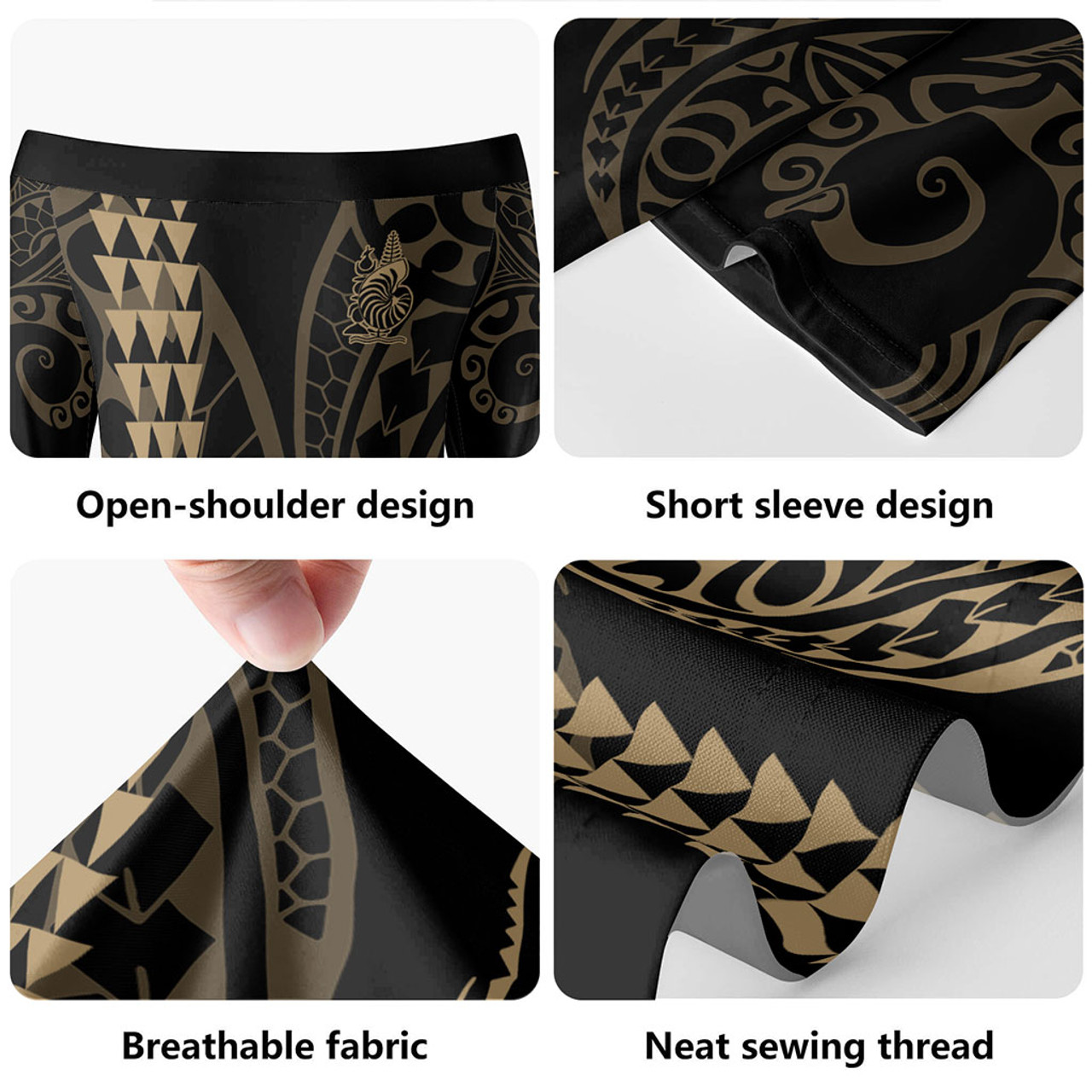 New Caledonia Short Sleeve Off The Shoulder Lady Dress Kakau Style Gold