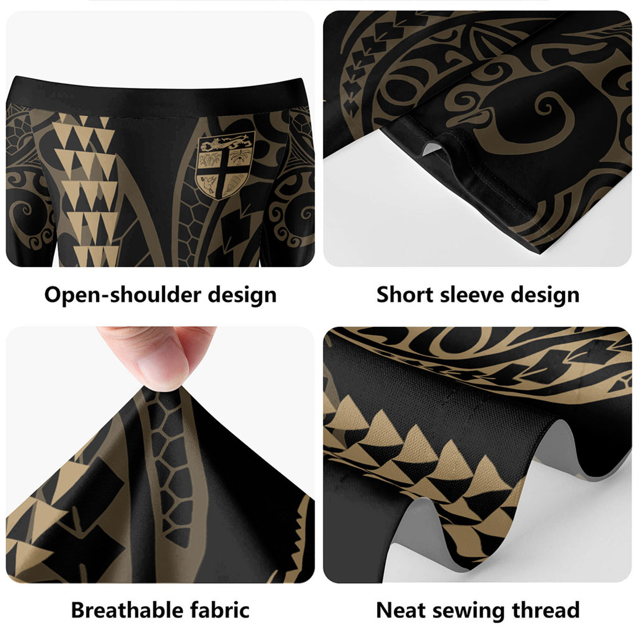 Fiji Short Sleeve Off The Shoulder Lady Dress Kakau Style Gold