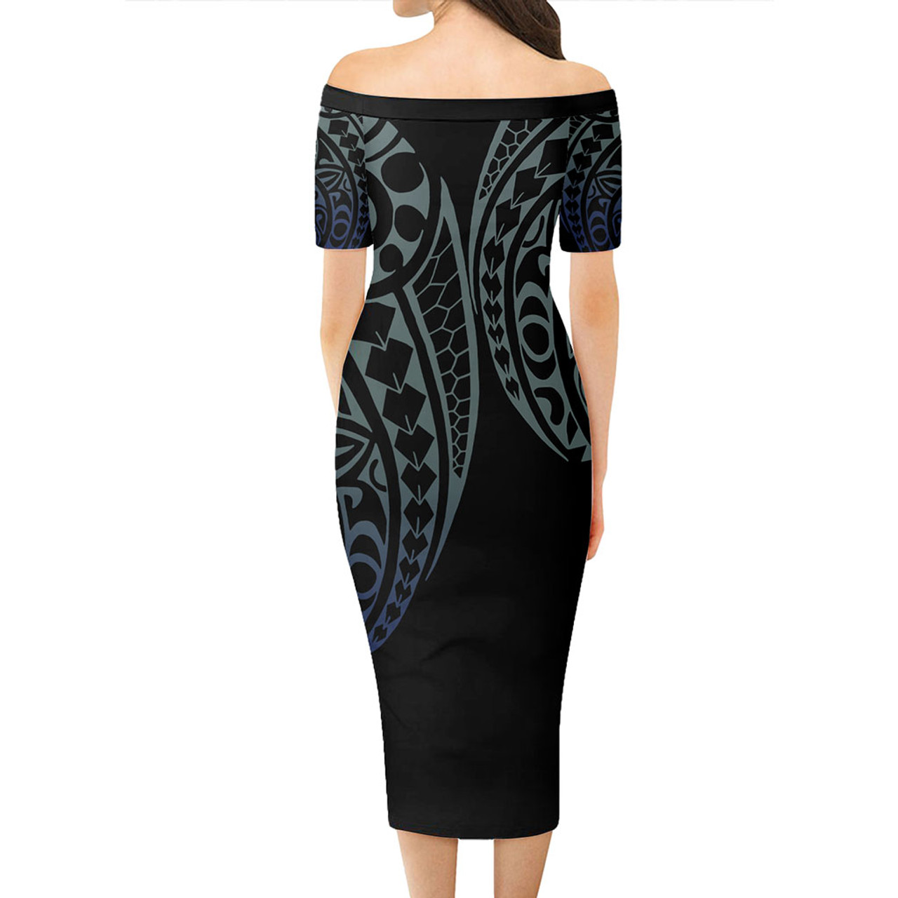 Tokelau Short Sleeve Off The Shoulder Lady Dress Kakau Style Gradient Blue