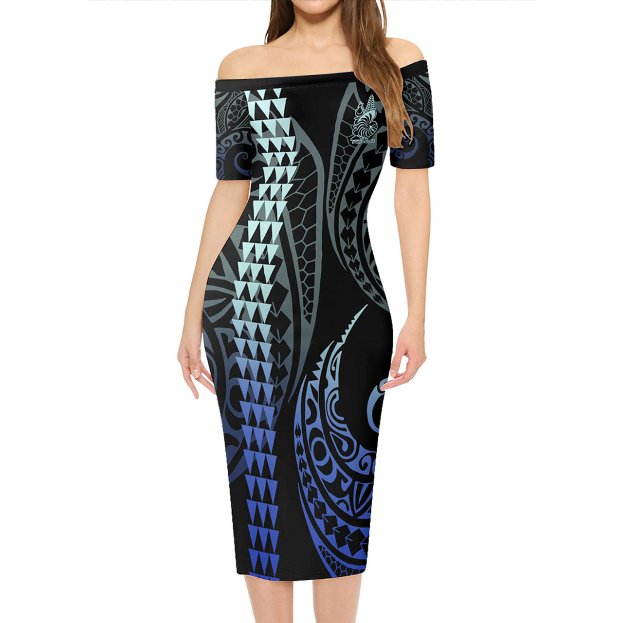 New Caledonia Short Sleeve Off The Shoulder Lady Dress Kakau Style Gradient Blue