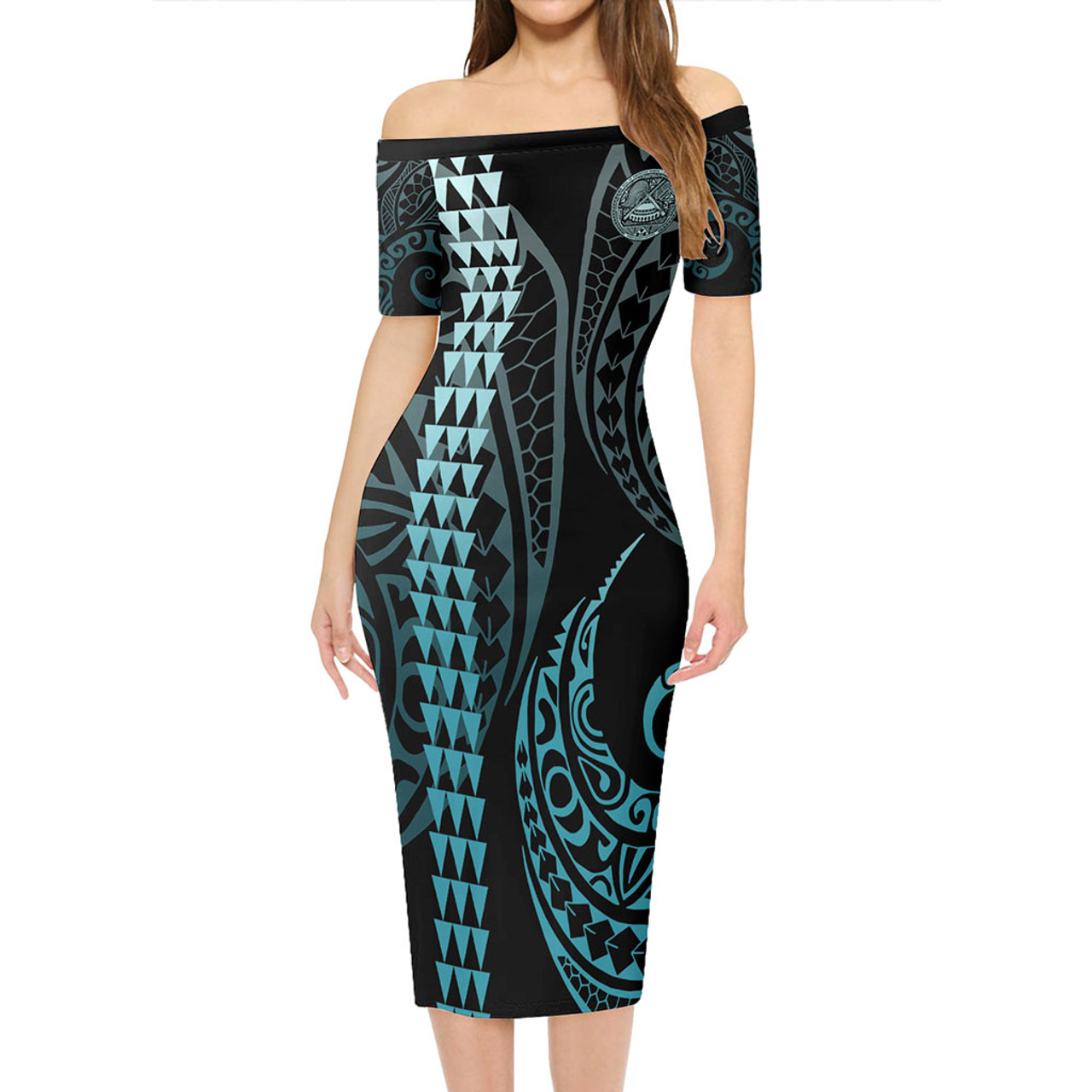 American Samoa Short Sleeve Off The Shoulder Lady Dress Kakau Style Turquoise
