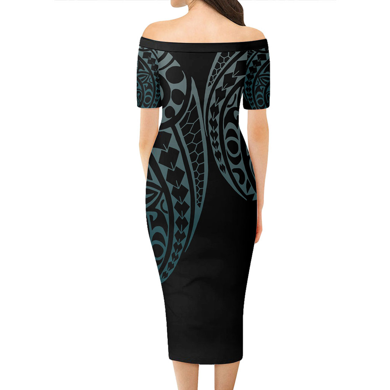 Samoa Short Sleeve Off The Shoulder Lady Dress Kakau Style Turquoise