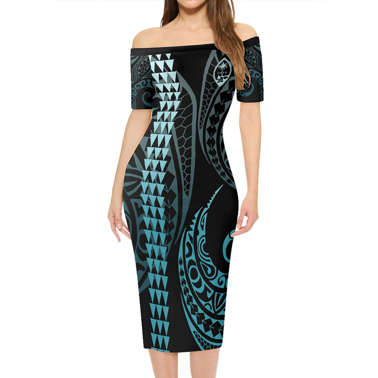 Guam Short Sleeve Off The Shoulder Lady Dress Kakau Style Turquoise