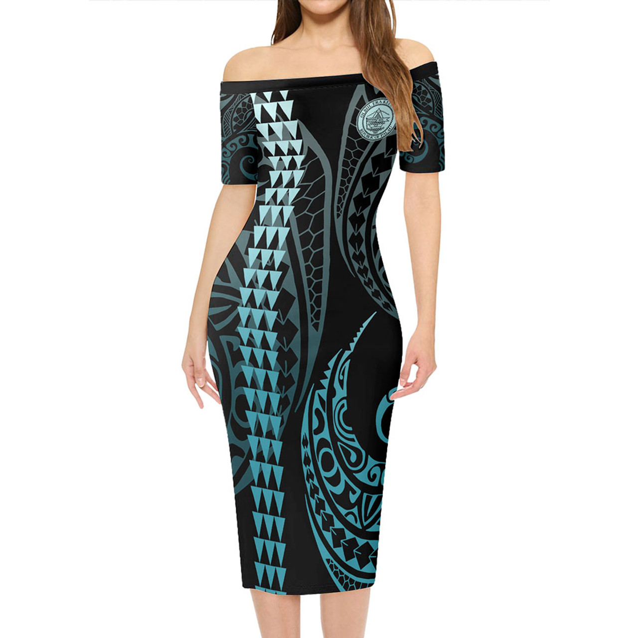 Marshall Islands Short Sleeve Off The Shoulder Lady Dress Kakau Style Turquoise