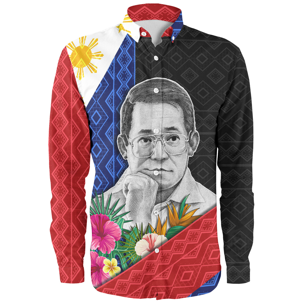 Philippines Filipinos Long Sleeve Shirt Ninoy Aquino With Tropical Flowers