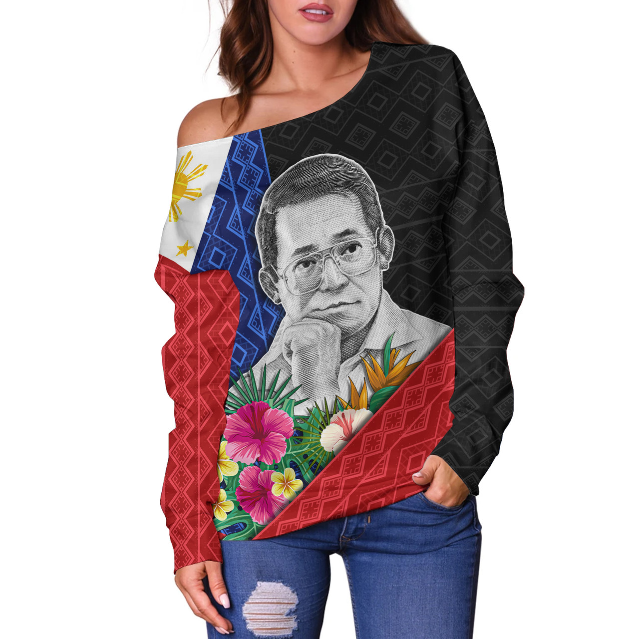 Philippines Filipinos Off Shoulder Sweatshirt Ninoy Aquino With Tropical Flowers