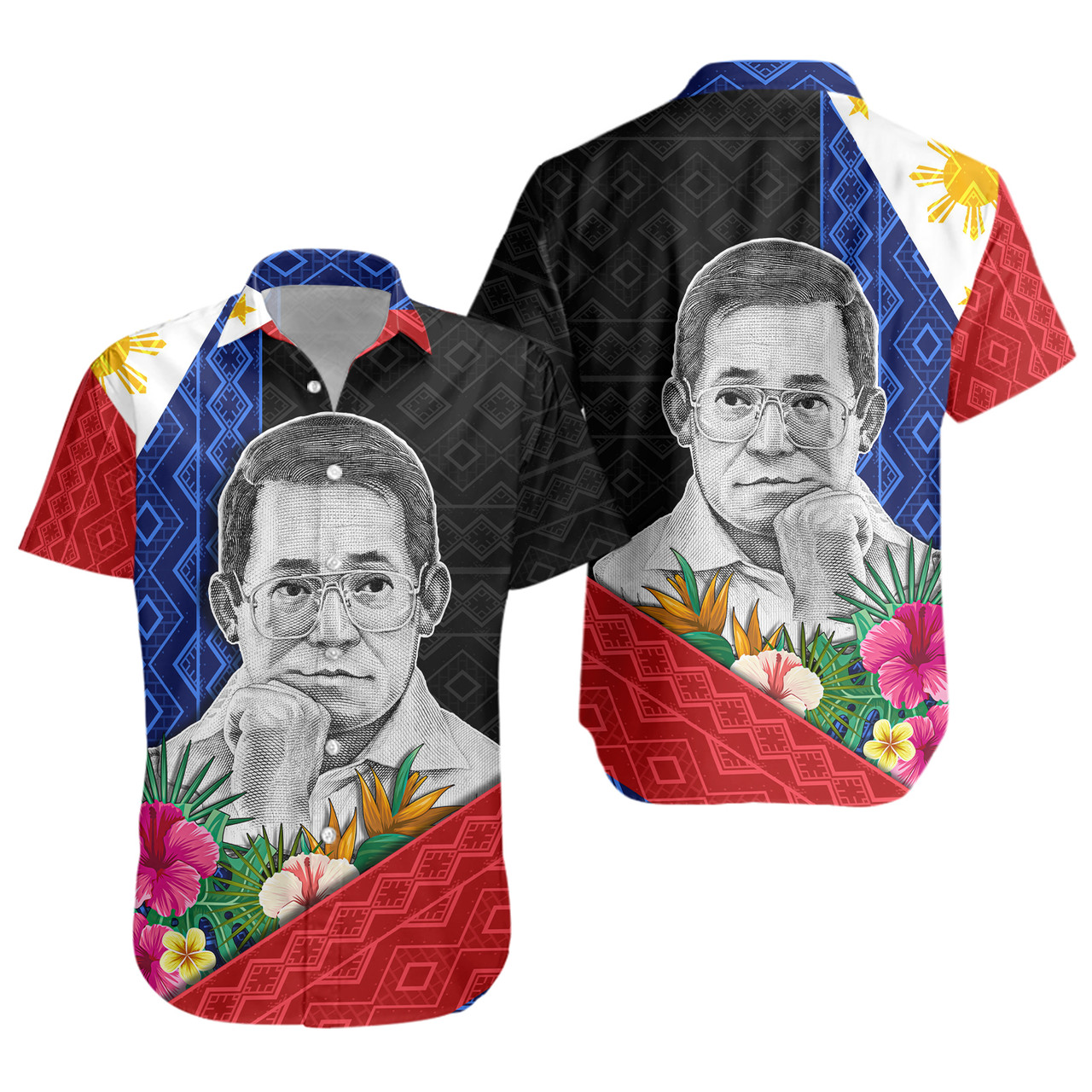 Philippines Filipinos Short Sleeve Shirt Ninoy Aquino With Tropical Flowers