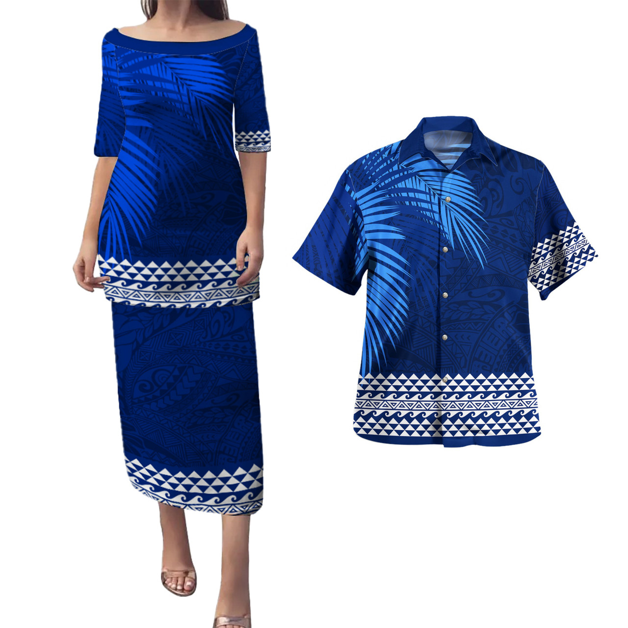 Hawaii Combo Puletasi And Shirt Polynesian Fabric Leaves