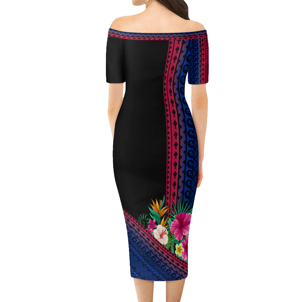 Philippines Filipinos Short Sleeve Off The Shoulder Lady Dress Lapu Lapu With Tropical Flowers