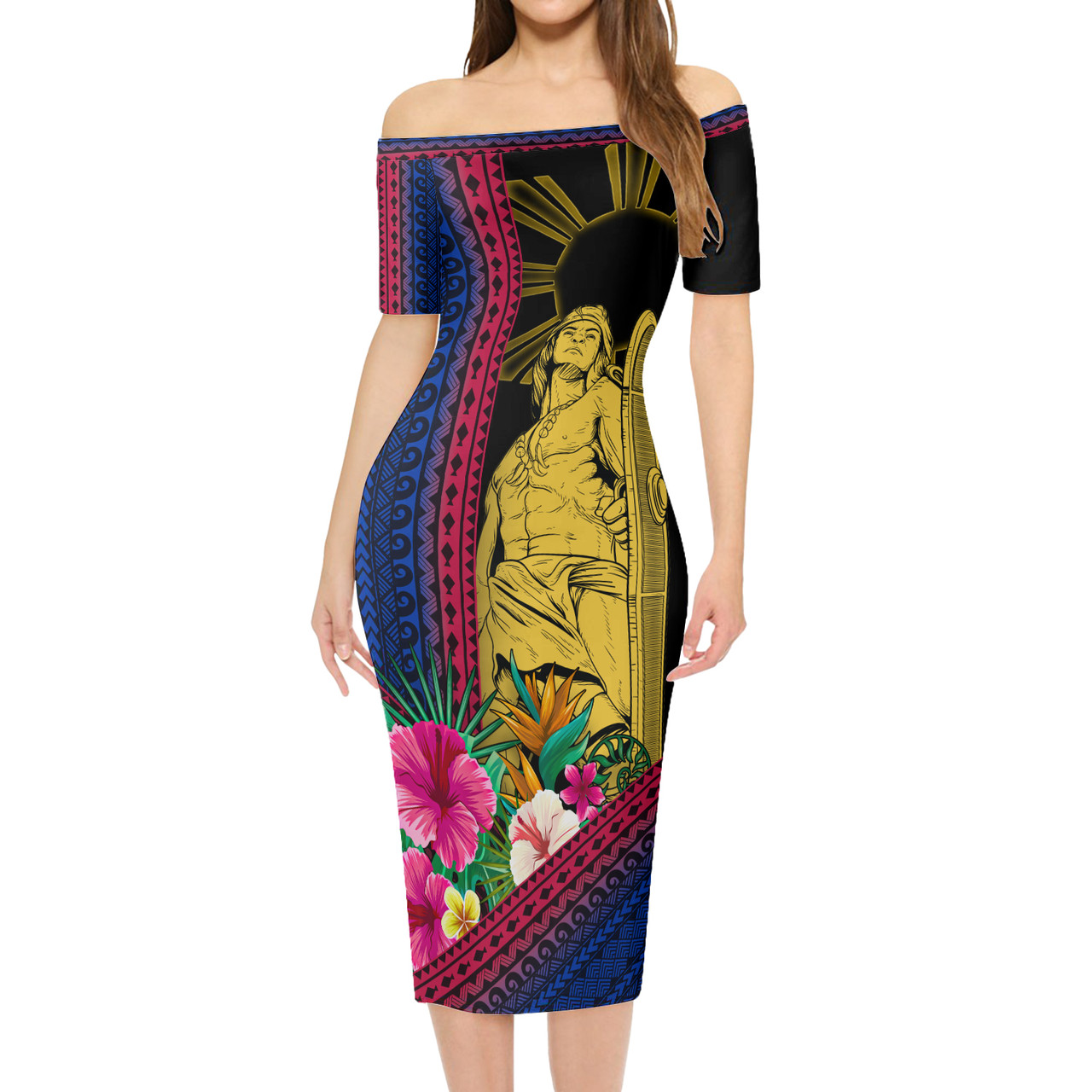 Philippines Filipinos Short Sleeve Off The Shoulder Lady Dress Lapu Lapu With Tropical Flowers