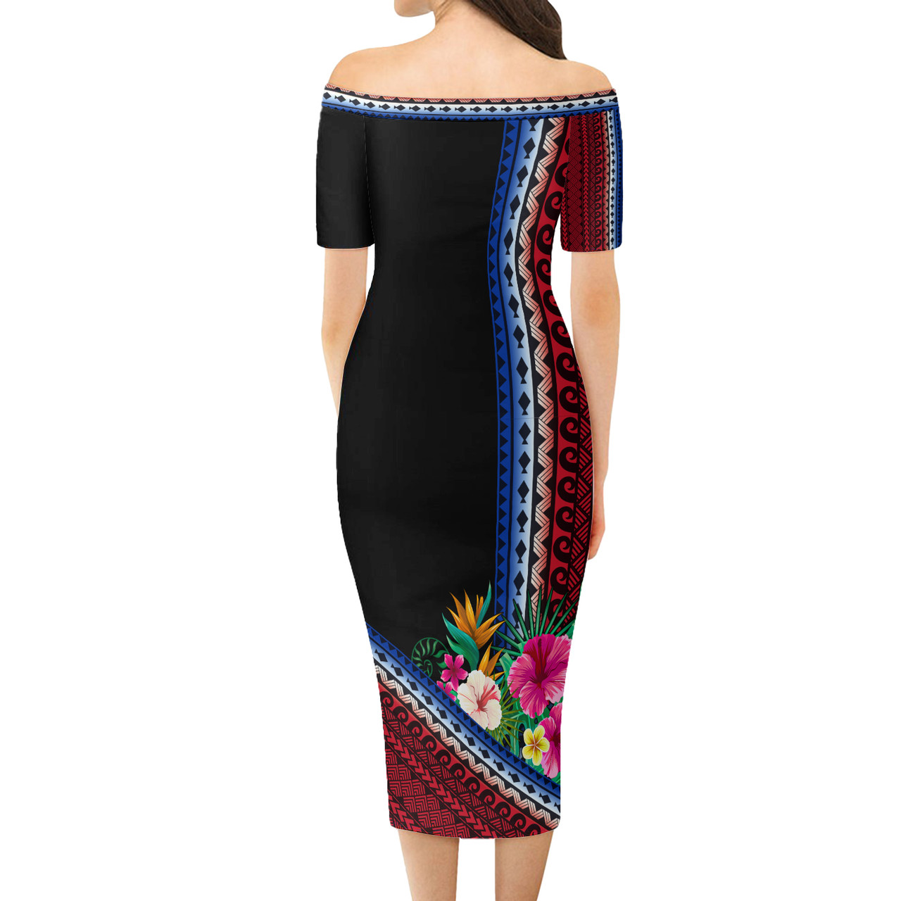 Samoa Short Sleeve Off The Shoulder Lady Dress Samoa With Tropical Flowers