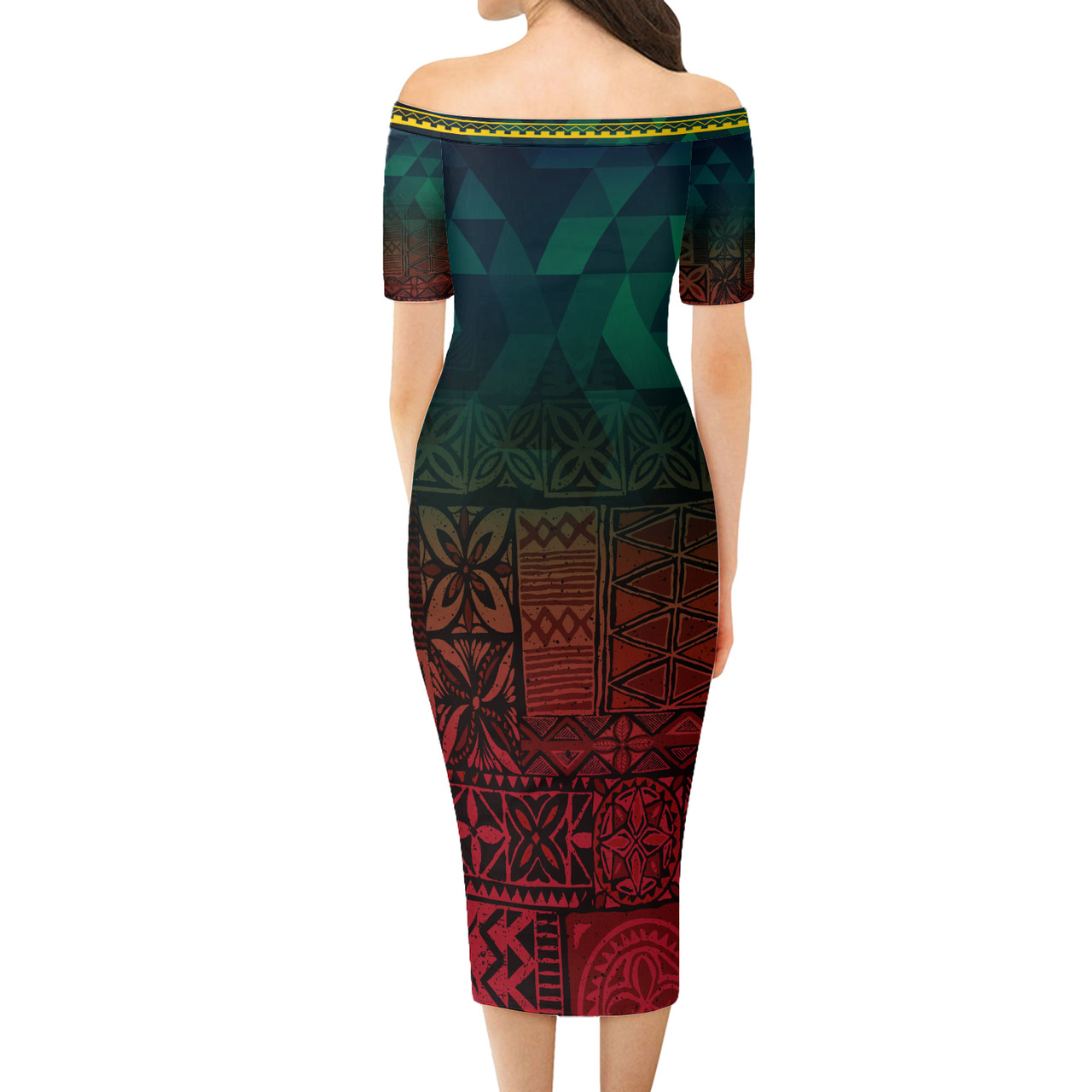 Vanuatu Short Sleeve Off The Shoulder Lady Dress Lowpolly With Tribal Motif