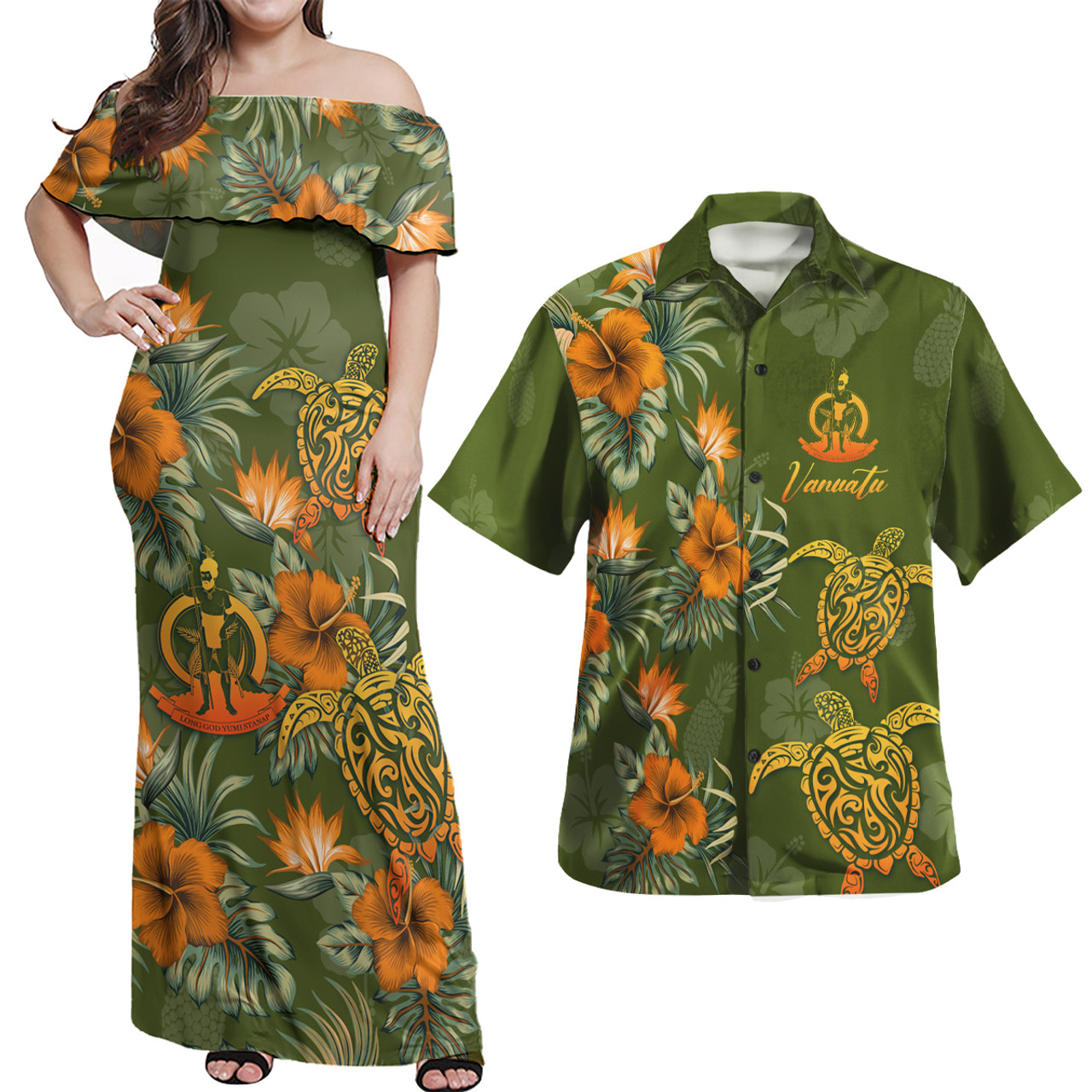 Vanuatu Polynesian Pattern Combo Dress And Shirt Tropical Summer