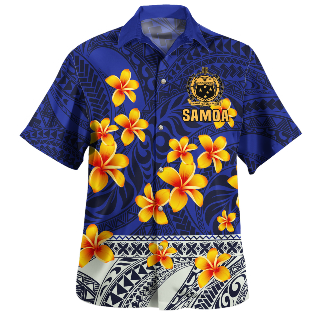 Samoa Hawaiian Shirt Plumeria Flower Fabric Design Blue