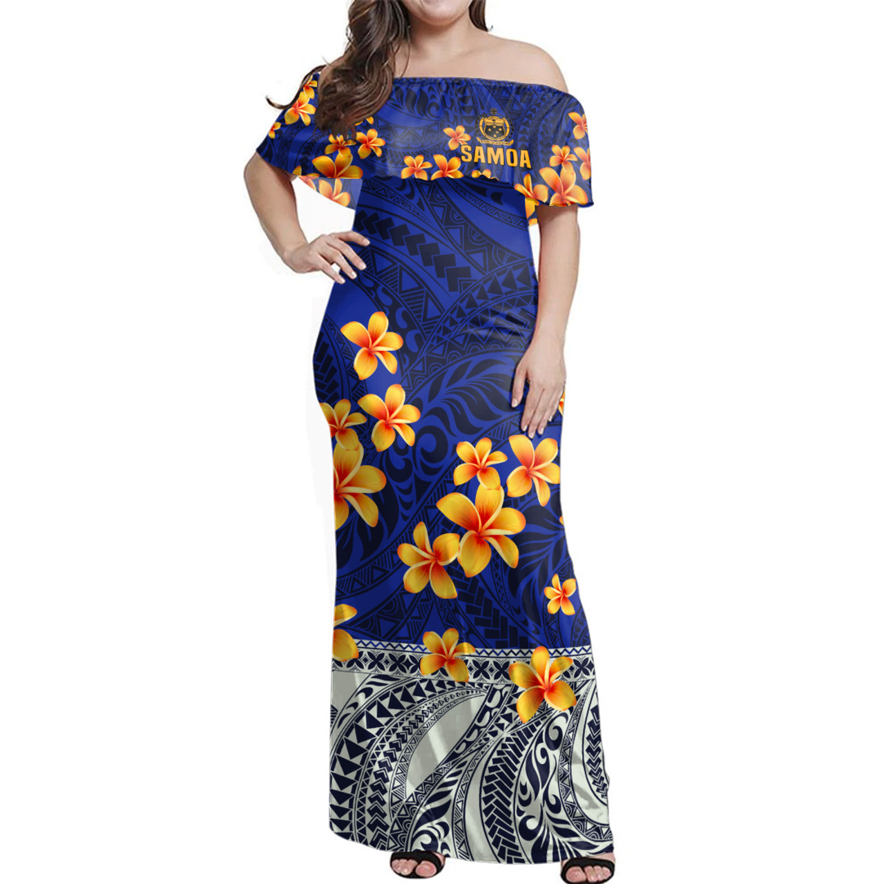 Samoa Combo Dress And Shirt Plumeria Flower Fabric Design Blue