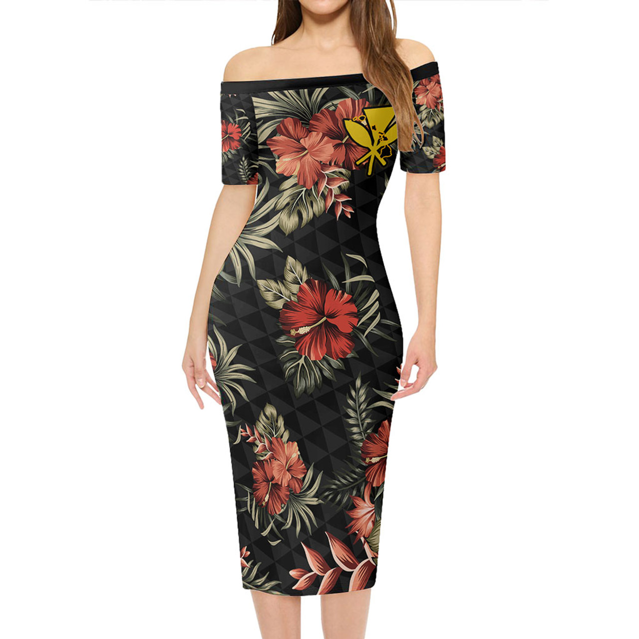 Hawaii Short Sleeve Off The Shoulder Lady Dress Kanaka Kakau Hibiscus