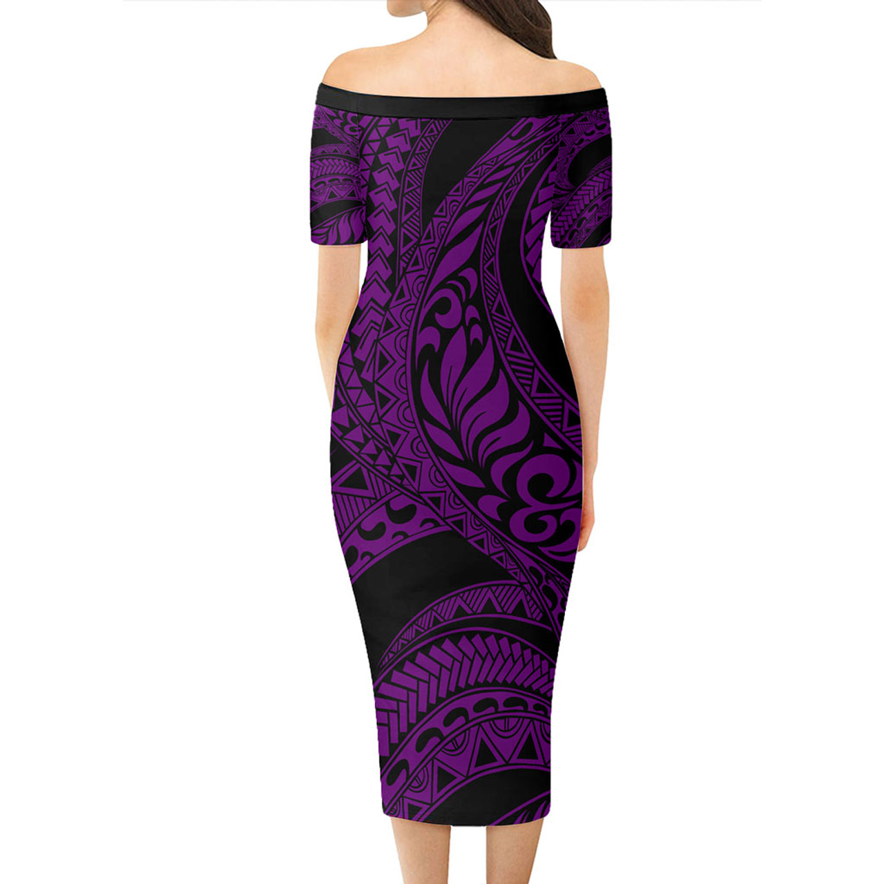 Hawaii Short Sleeve Off The Shoulder Lady Dress Tribal Pattern Polynesian Purple