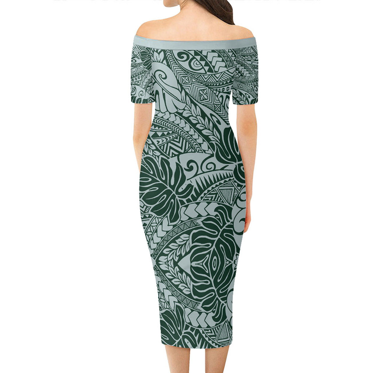 Hawaii Short Sleeve Off The Shoulder Lady Dress Tribal Pattern Leaf