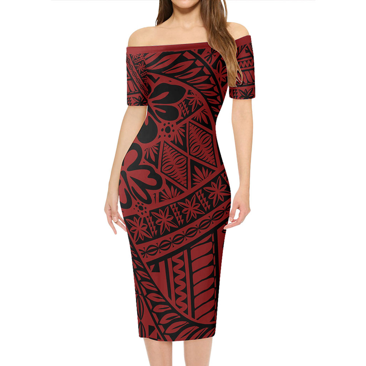 Tonga Short Sleeve Off The Shoulder Lady Dress Kupesi Ngatu