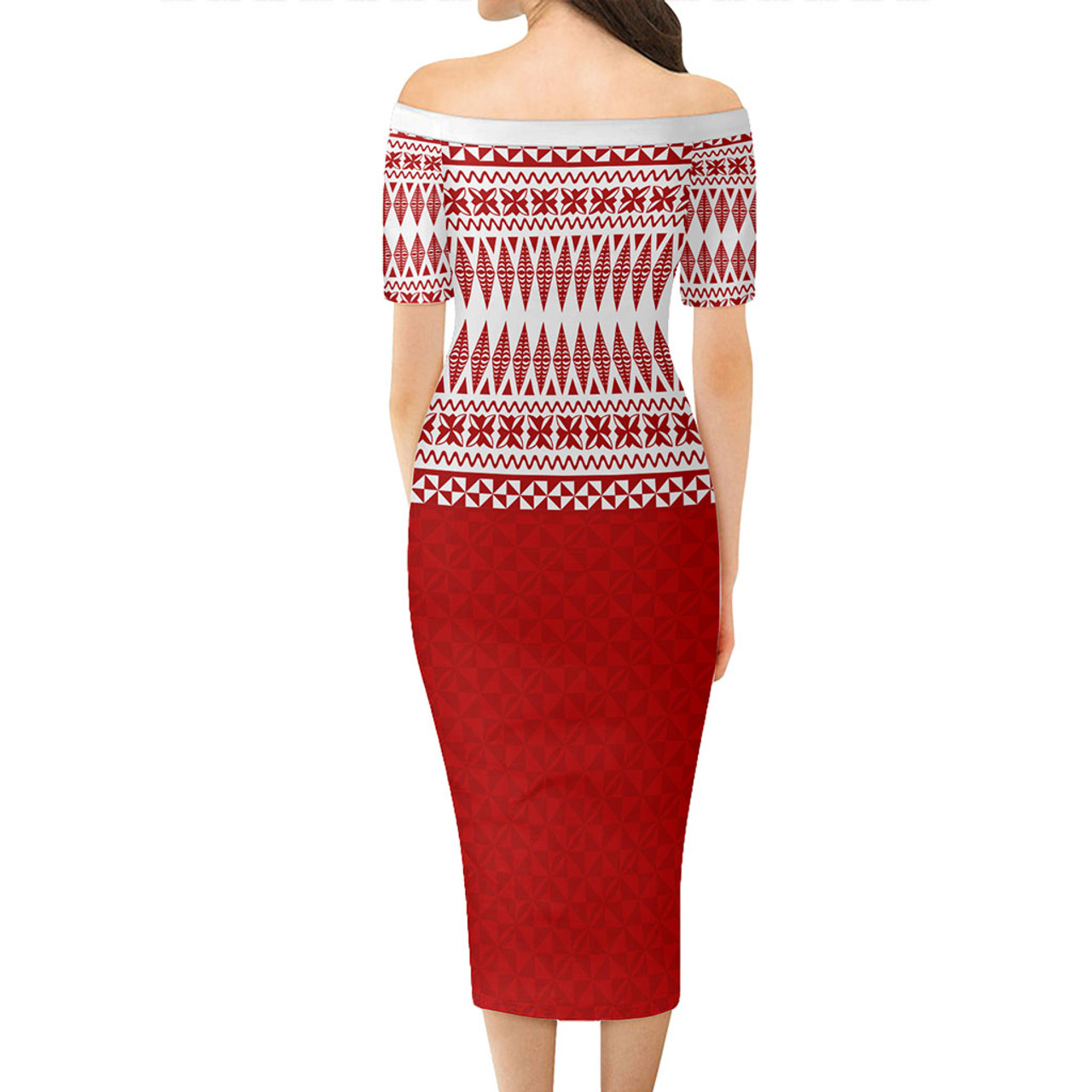 Tonga Short Sleeve Off The Shoulder Lady Dress Ngaatu Pattern Design