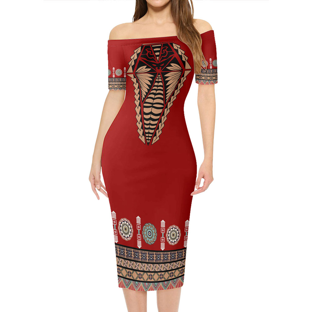Tonga Short Sleeve Off The Shoulder Lady Dress Ngatu Design