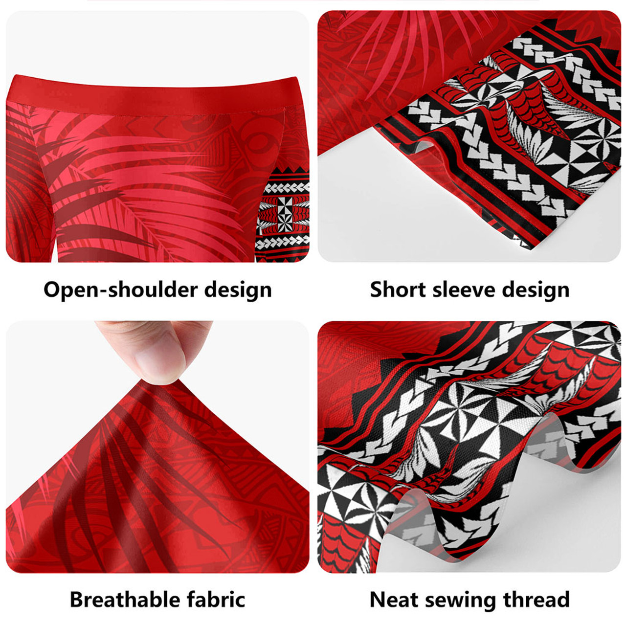 Tonga Short Sleeve Off The Shoulder Lady Dress Ngatu Fabric Leaves