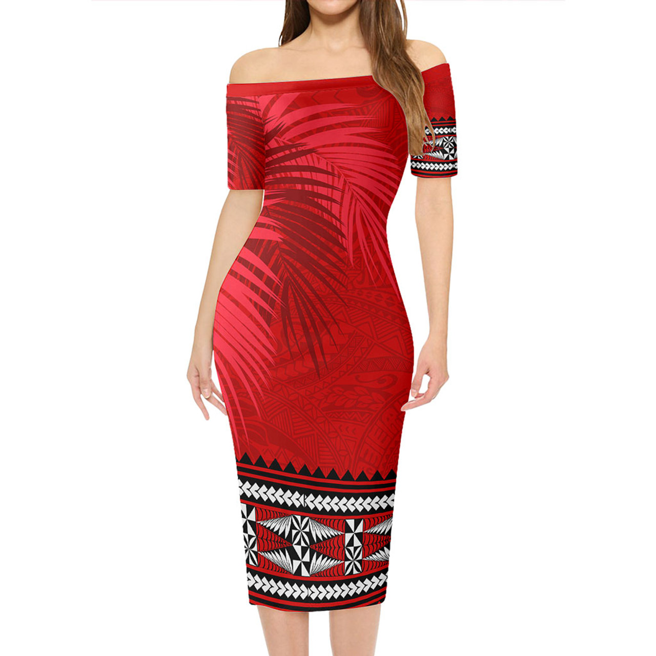 Tonga Short Sleeve Off The Shoulder Lady Dress Ngatu Fabric Leaves