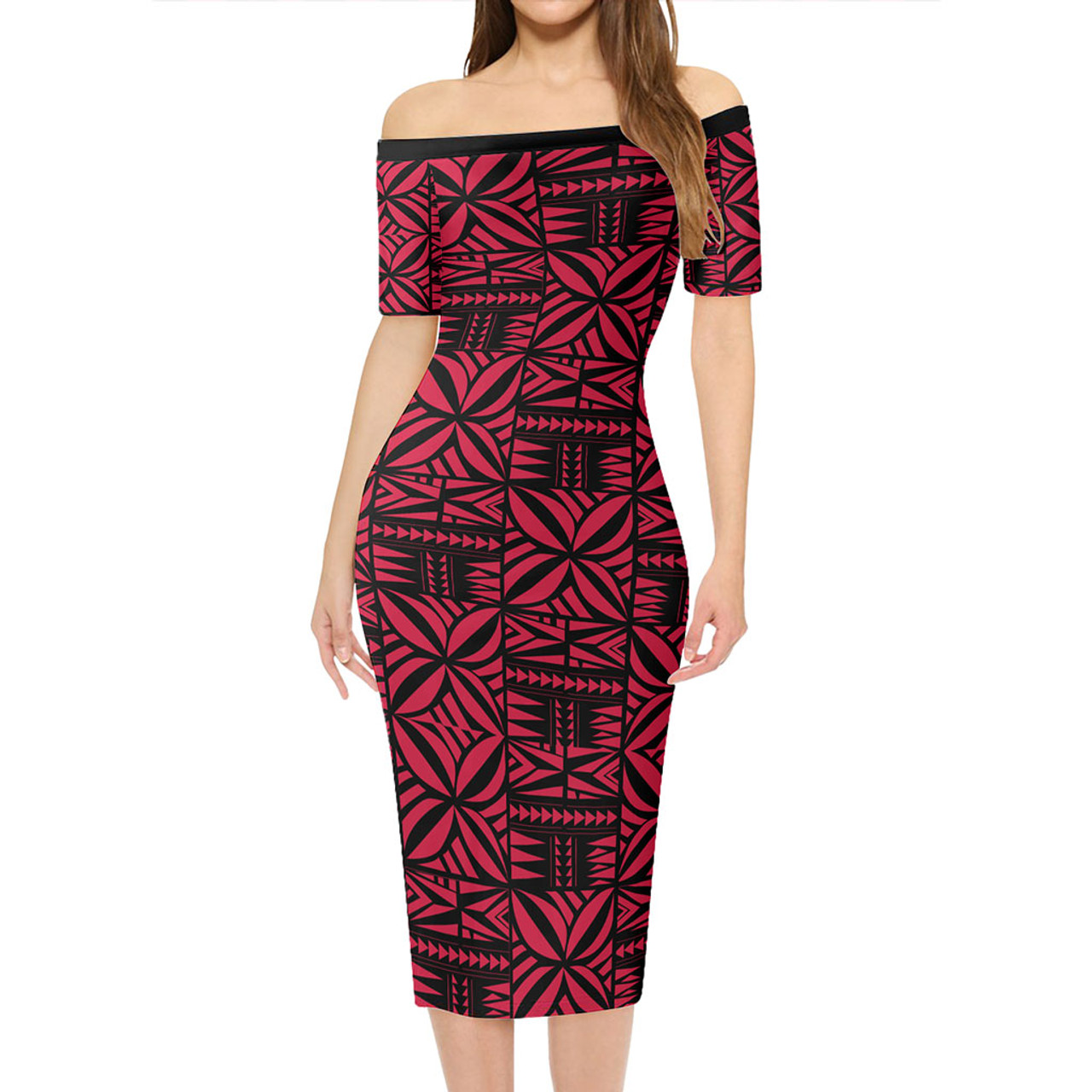 Samoa Short Sleeve Off The Shoulder Lady Dress Samoan Design Stretch Print Fabric Pink