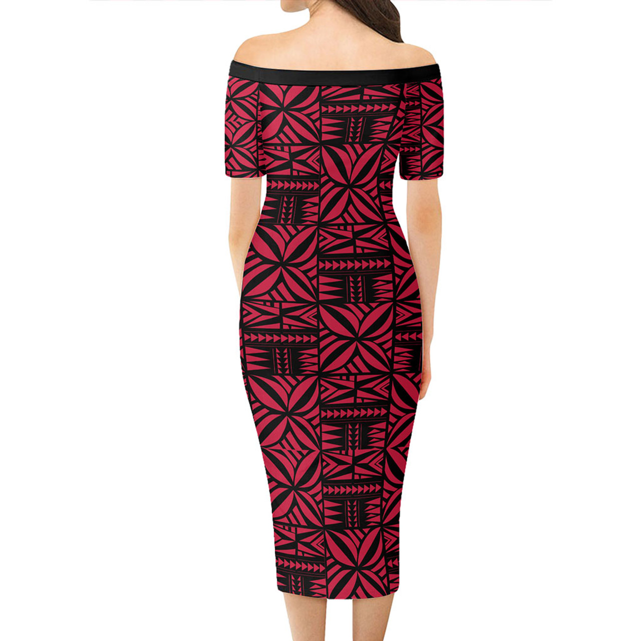 Samoa Short Sleeve Off The Shoulder Lady Dress Samoan Design Stretch Print Fabric Pink